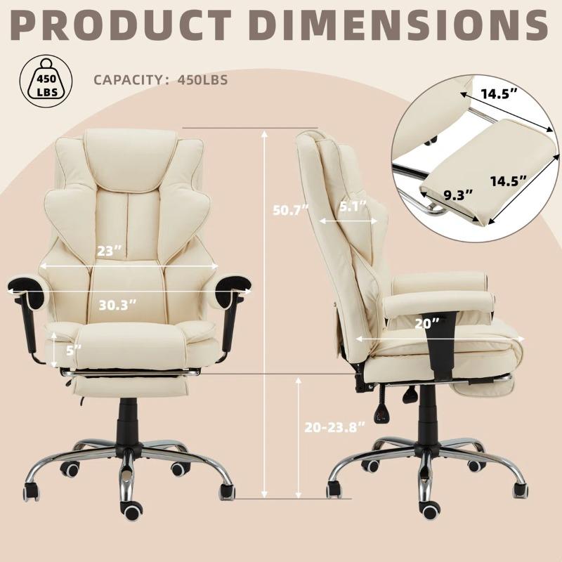Ergonomic Executive Office Chair with 6-Point Massage and Footrest, Adjustable Reclining Faux Leather Desk Chair with Padded Armrests and Swivel Wheels