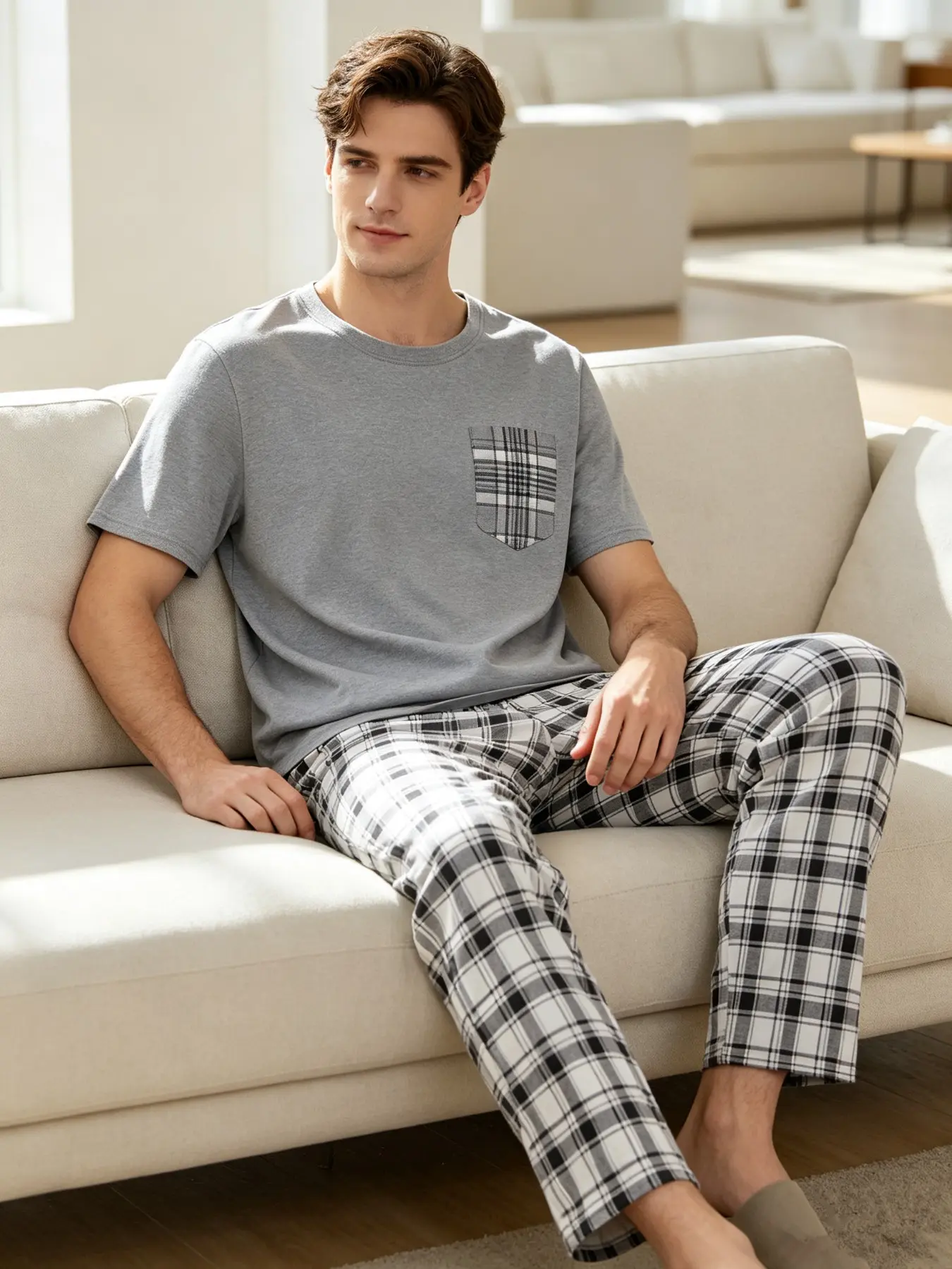 Men's Spring Summer Thin Pajama Pyjamas Sleepwear Loungewear Set, Short Sleeve Long Pants 2 Piece Set, Casual Home Wear with Printed Pattern, Round Neck Design, Checked