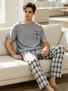 Men's Spring Summer Thin Pajama Pyjamas Sleepwear Loungewear Set, Short Sleeve Long Pants 2 Piece Set, Casual Home Wear with Printed Pattern, Round Neck Design, Checked