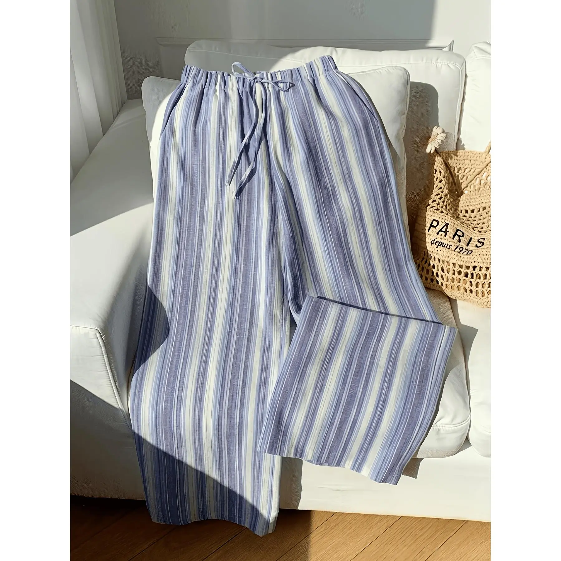 Plus Size Women's Plaid Wide-Leg Pants in a Casual Loose Fit Polyester Blend with Seam Pockets & Faux Drawstring, Woven, Women's Clothes, Synthetic Fiber Pants, All-Season, Bottoms, Loose Fit Wide Leg Pants