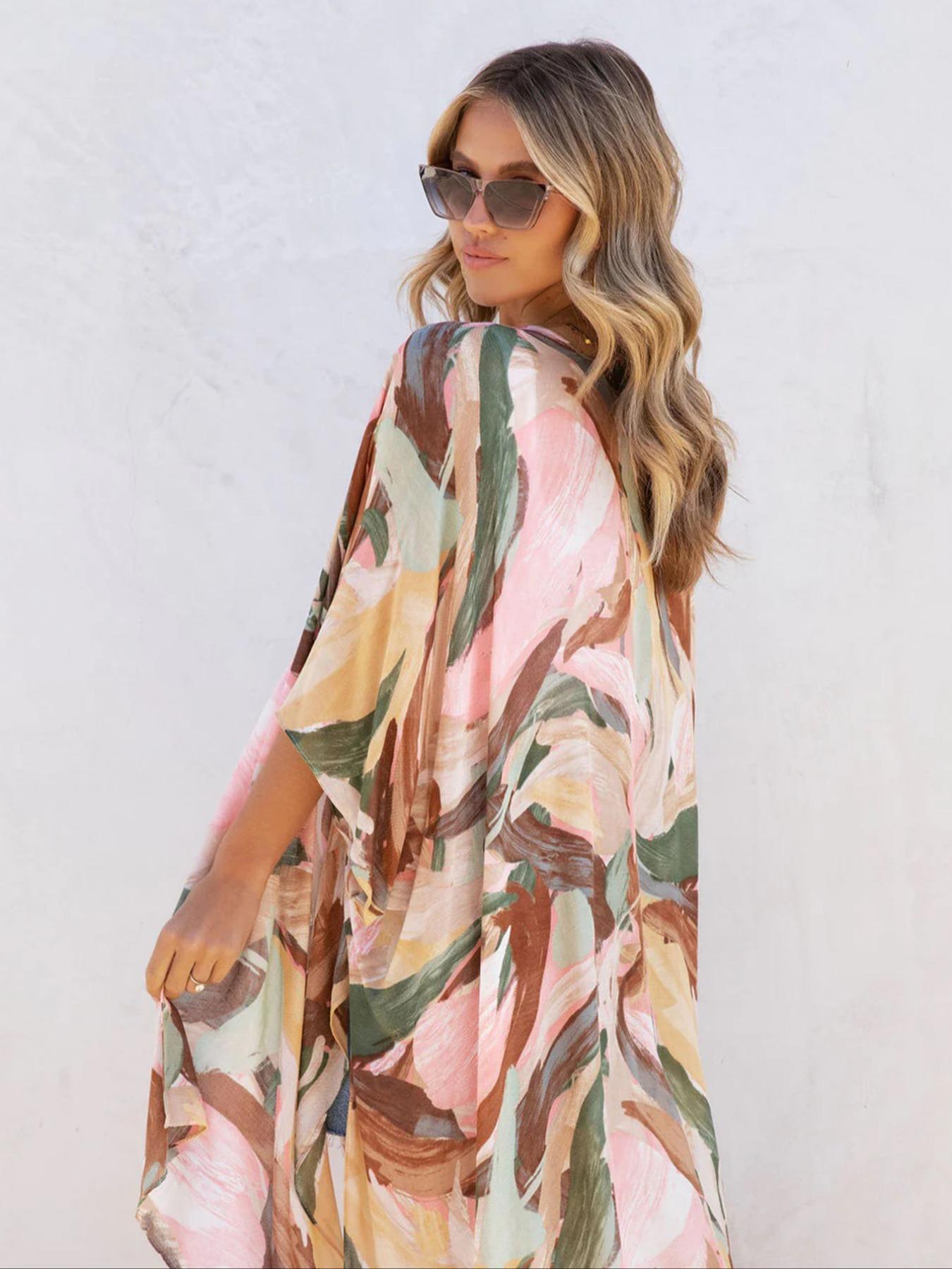 Women's All Over Print Batwing Sleeve Kimono, Casual Open Front Kimono, Ladies Summer Swimwear for Beach Vacation Holiday, Bold Colors and Designs, Womenswear