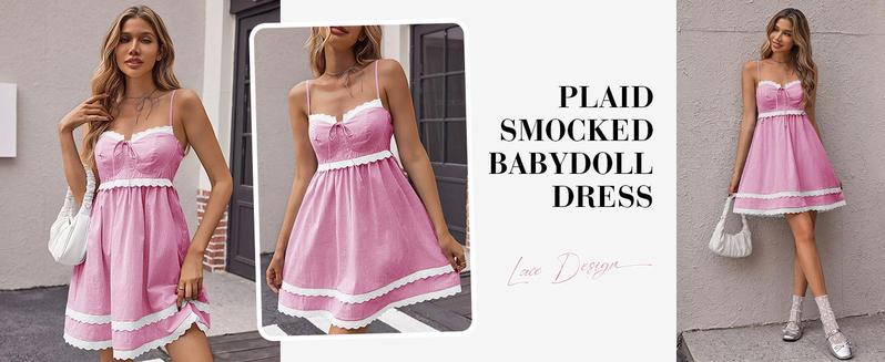 Imily Bela  Womens Cute Plaid A-line Summer Beach Dresses Spaghetti Straps Ruffle Hem Casual Mini Dress with Side Pocket