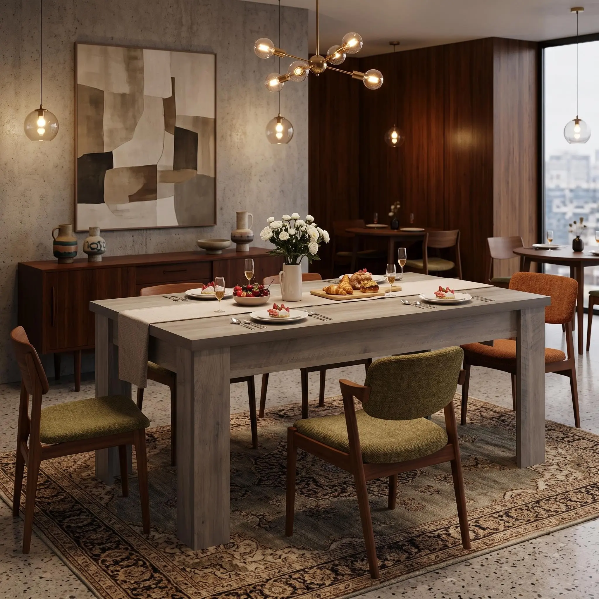 Farmhouse Dining Table with Chairs, 63-Inch Rectangular Top, 1.18-Inch Thick, Heavy-Duty Legs, Rustic Gray/Retro Brown Finish, Fits 4-6 People, Ideal for Spacious Kitchens & Dining Rooms, Dining Table Chairs