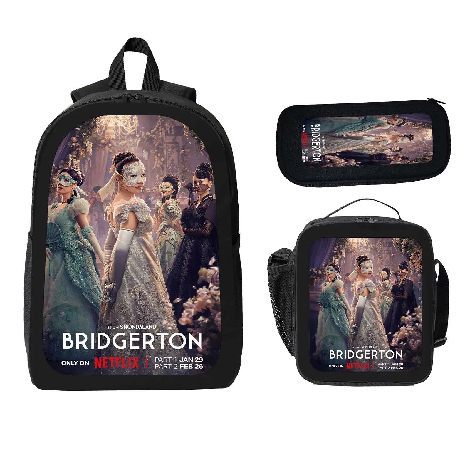 Bridgerton 3 Pcs School Backpack Set for Boys Girls Kids, Large Capacity Bookbag with Insulated Lunch Bag Pencil Case, Water Resistant Travel Daypack for Elementary Middle School d-20