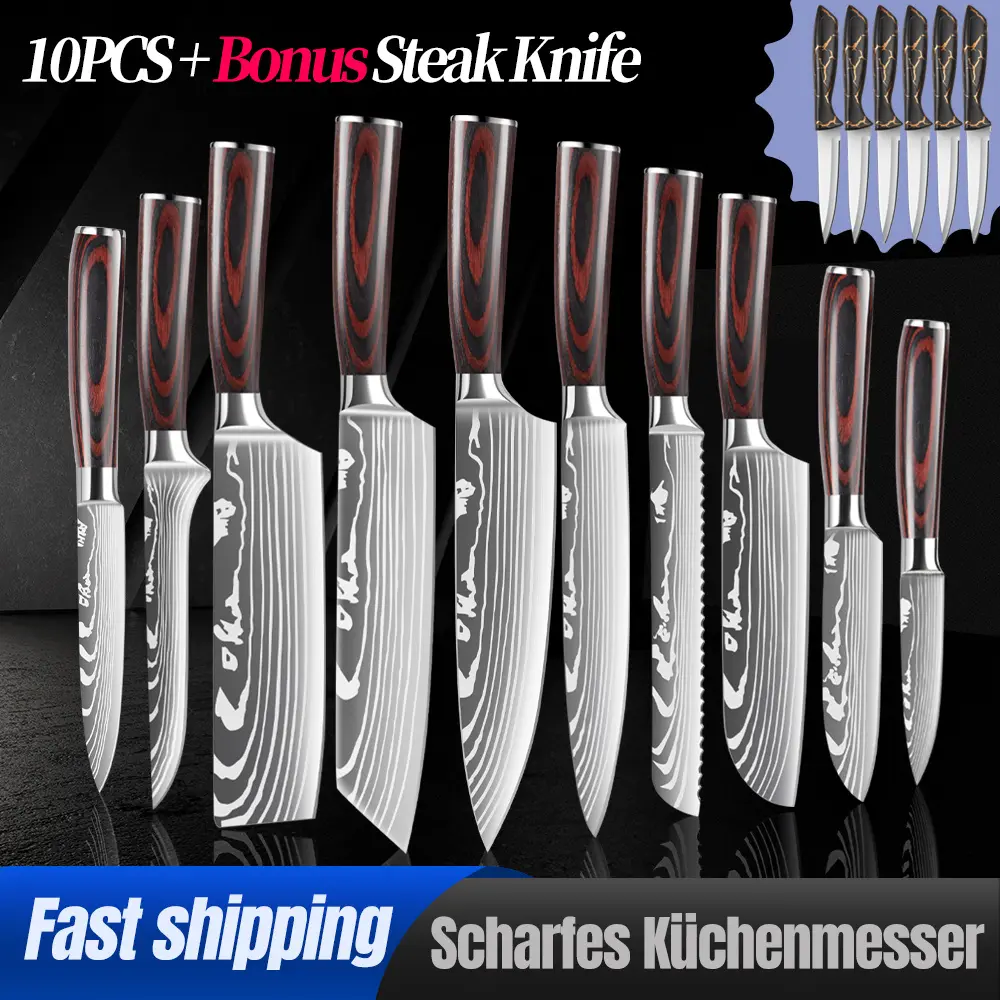 8/10pc Knife Set, Professional kitchen knife set, Complimentary Steak Knife Set (Limited Quantity) - Razor Sharp High Carbon Stainless Steel Steel, Ergonomic Handle Home Cooking Perfect Cutlery Set Gift