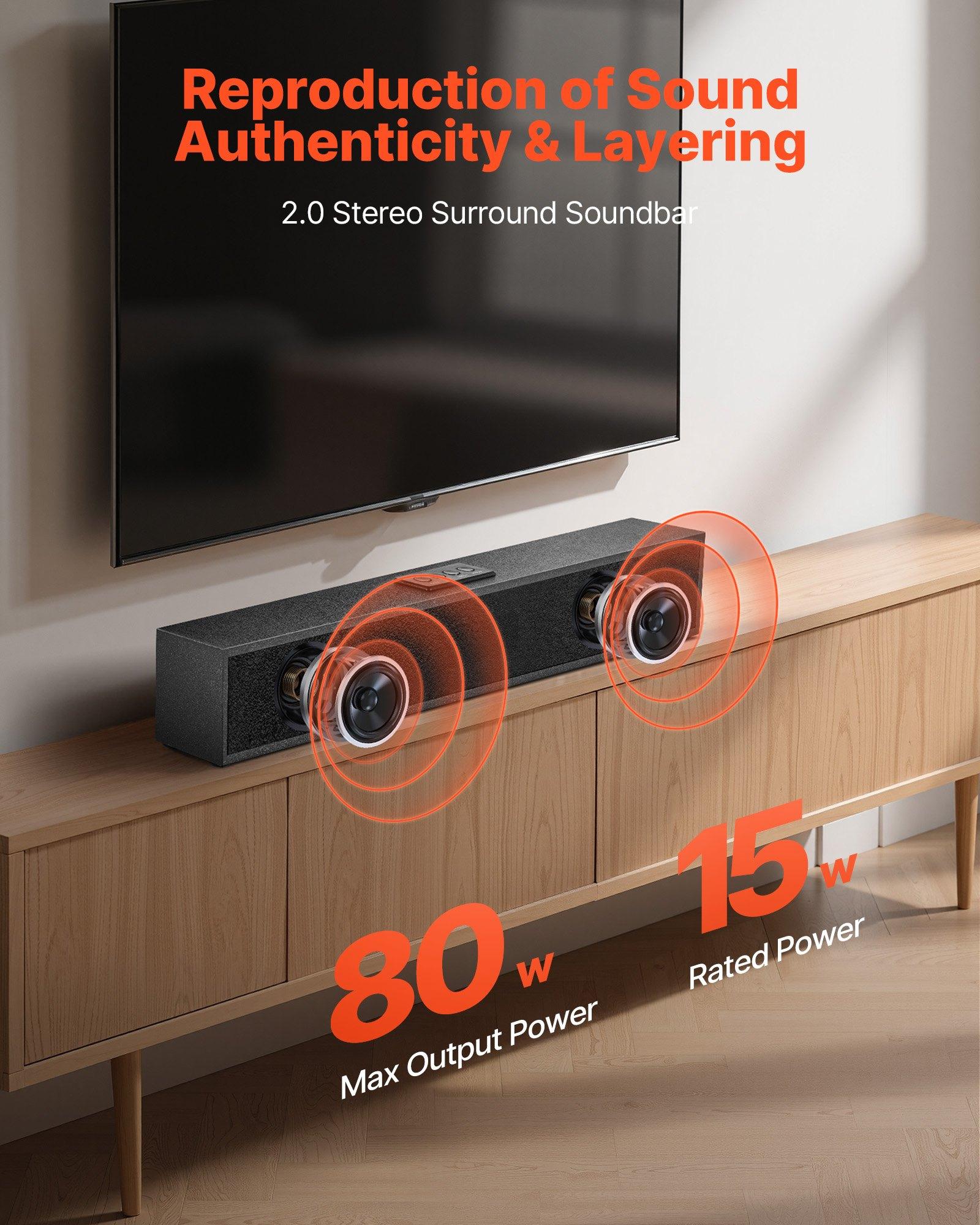 【Father's Day gift】VEVOR Sound Bar for Smart TV, 2.0 Channel, 24-Inch Compact Soundbar TV Speakers for Projector, Bluetooth AUX Connection, Remote Control, Easy Setup, 80W Surround Sound System for PC Home Theater AudioSummervibes