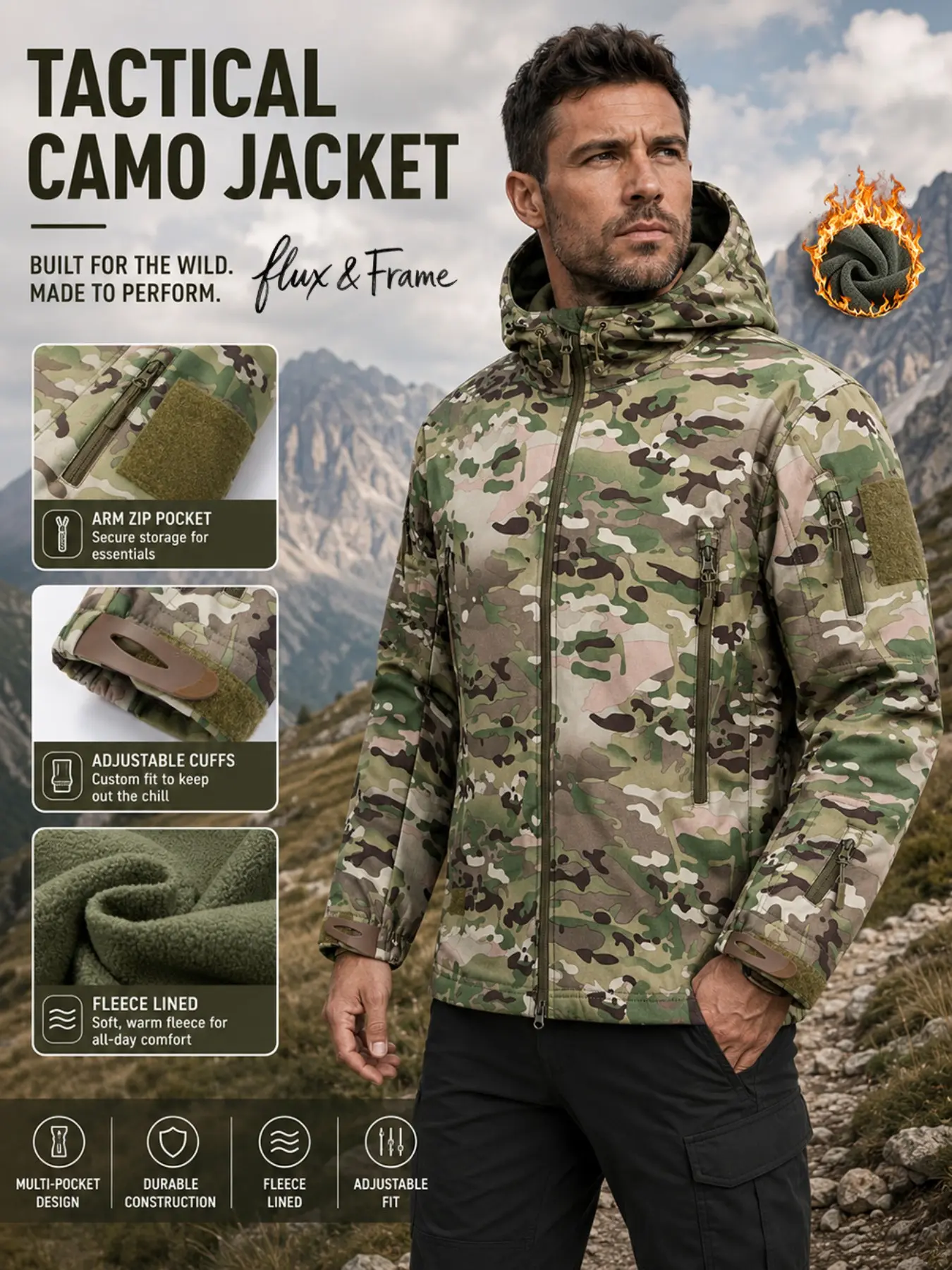FF Men's Tactical Camouflage Fleece-Lined Hooded Military Jacket, Warm Windproof Durable Multi-Pocket Full Zip Outdoor Coat with Adjustable Cuffs for Hunting, Hiking, Camping, Fishing, Work & Daily Wear