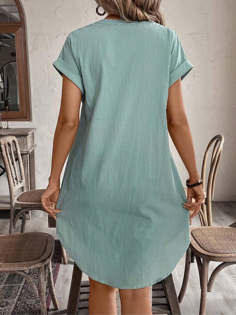 Women's Plain Notched Neck Batwing Sleeve Button Front Dress, Casual Short Sleeve Short Dress for Summer, Ladies Clothes for Daily Wear, Casual Everyday Wear