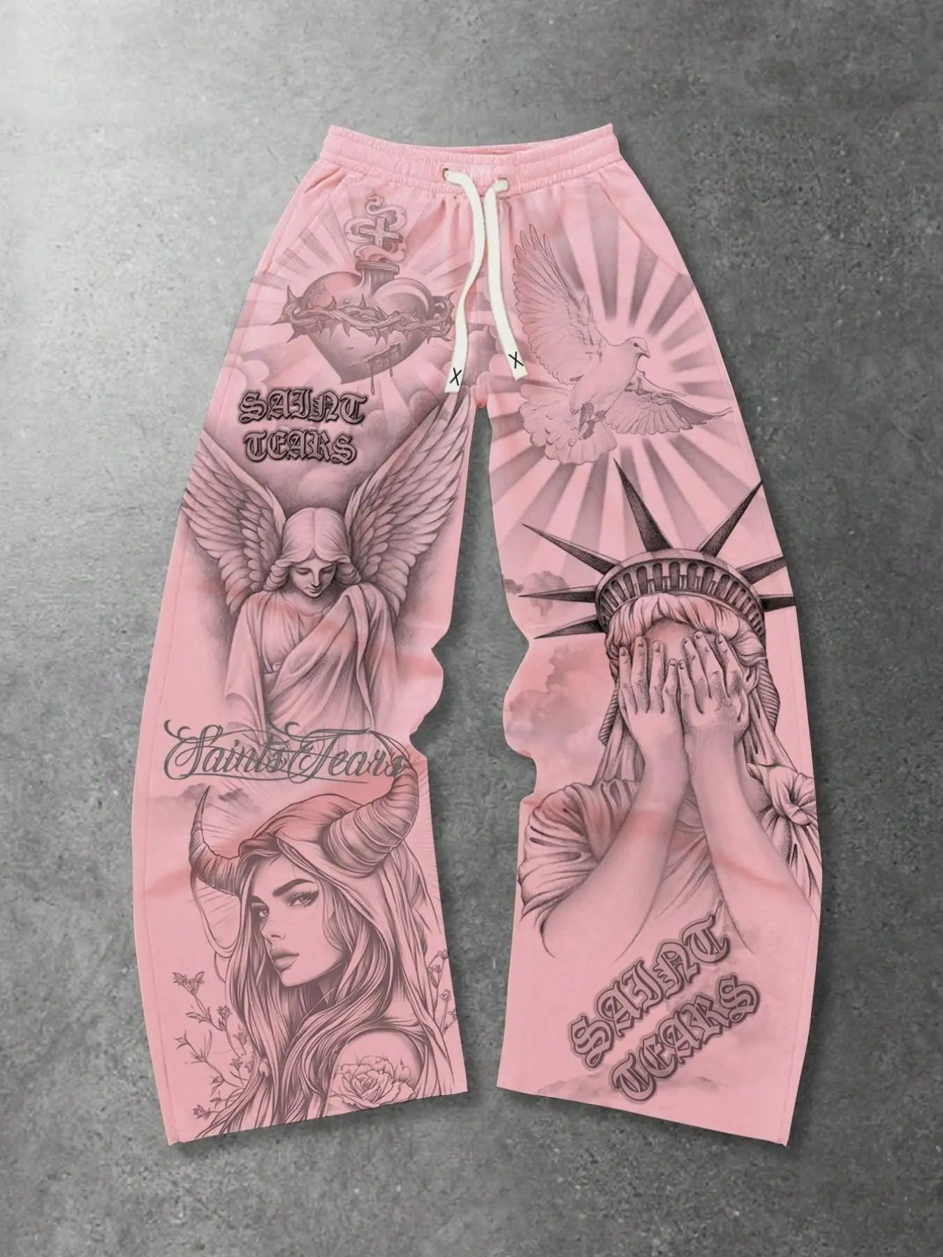 All-over print graphic angel Jesus pants, men's casual loose fit pants, trousers for spring and autumn 2026, Statue of Liberty print unisex pants, pink fashionable American streetwear sweatpants, Sacred Heart Saints sporty straight leg pants
