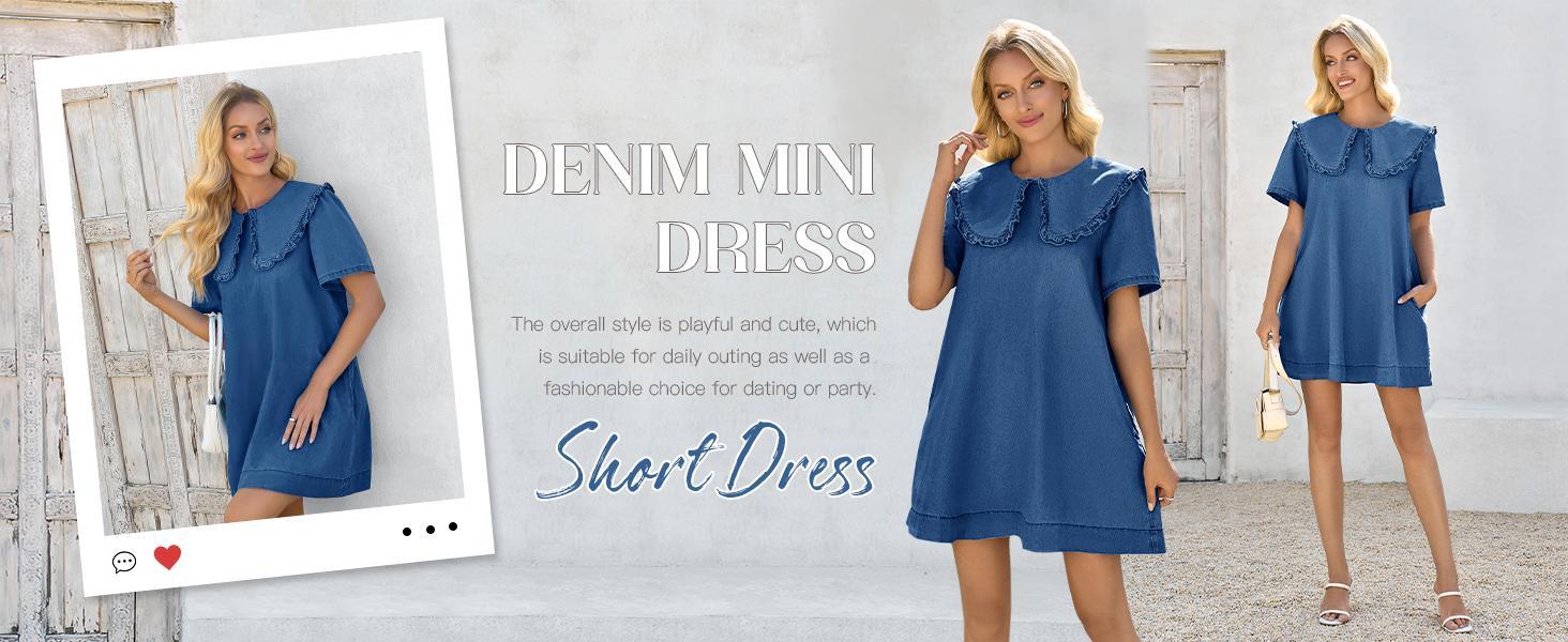 Imily Bela Womens Summer Denim Mini Dress Oversized Peter Pan Collar Short Sleeve Casual Flowy Babydoll Jean Dresses SpringStatements