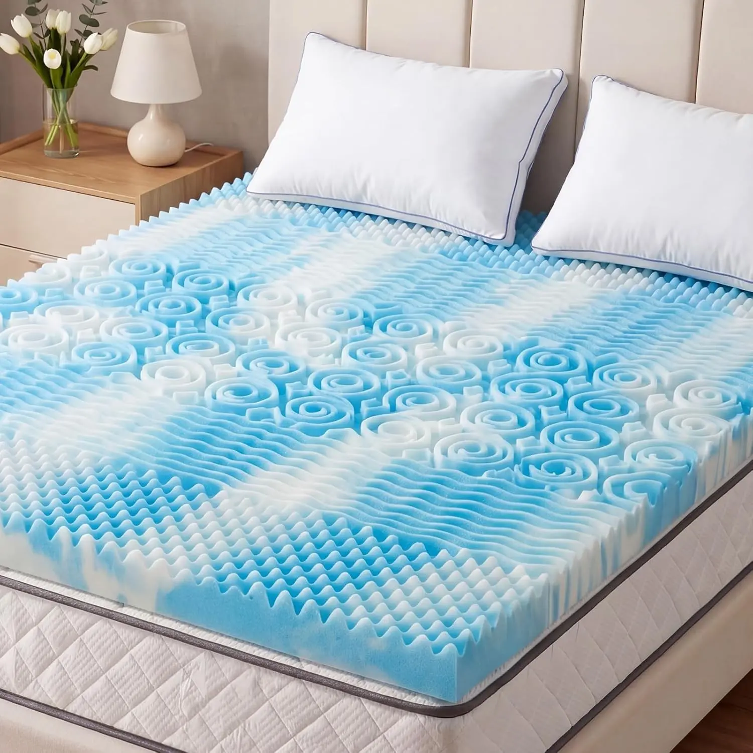 4 Inch Memory Foam Mattress Topper Queen, 5-Zone Cooling Gel Infused Pressure Relief Mattress Pad for Back & Hip Pain, Soft Dorm RV Camping Bed Topper, Blue