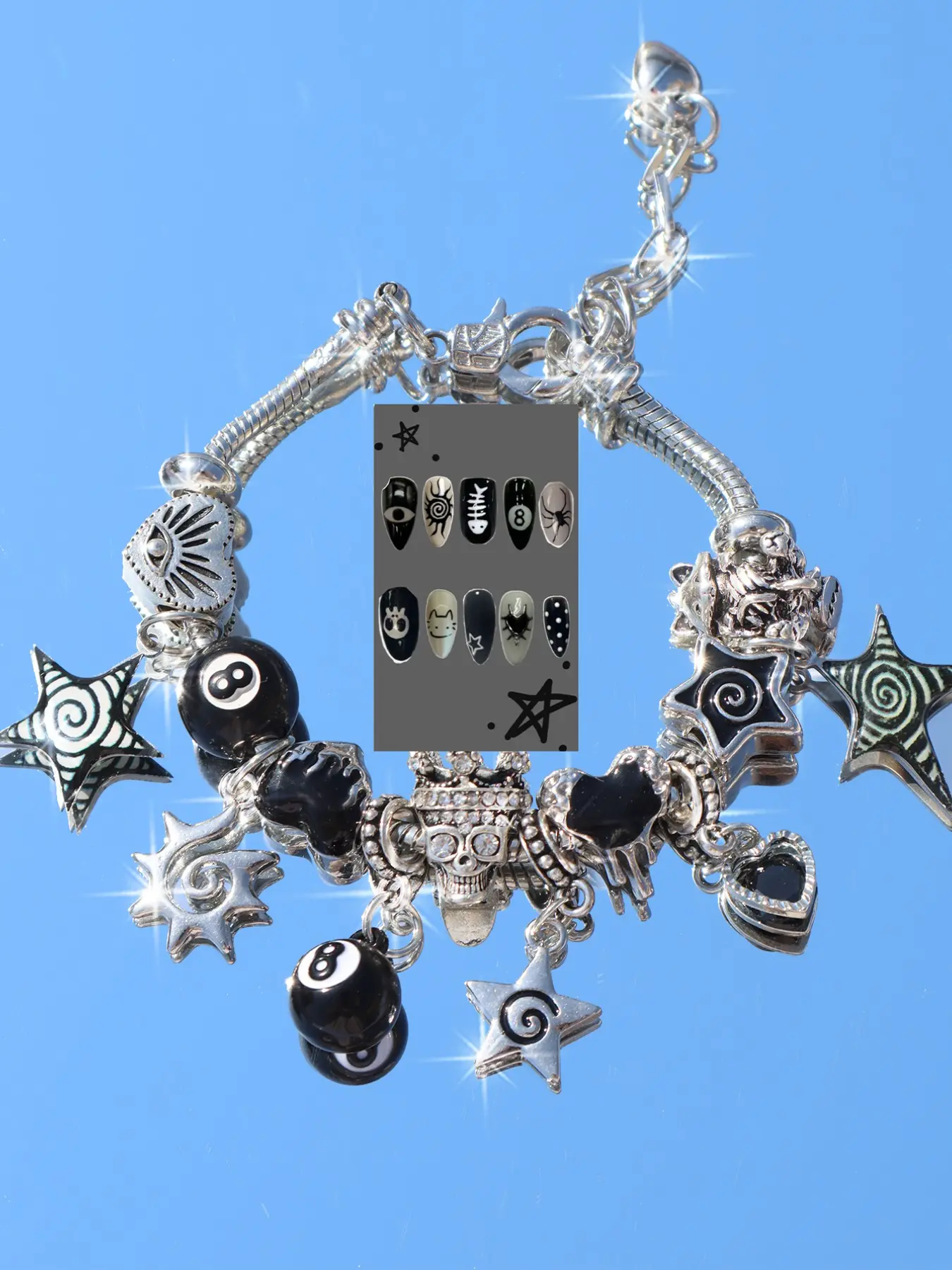 Halloween Skull Charm Bracelet, Dark Gothic Heart Hand Chain, Vintage DIY Bracelet, Punk Style Zinc Alloy Jewelry