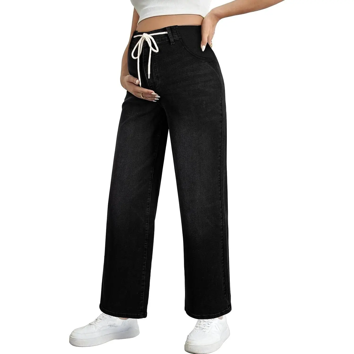 Maternity Jeans High Waisted Drawstring Straight Leg Denim Pants | Women's Stretchy Relaxed Loose Fit Maternity Pants Casual Lounge Office Work Pregnancy Clothes Fashion Fall
