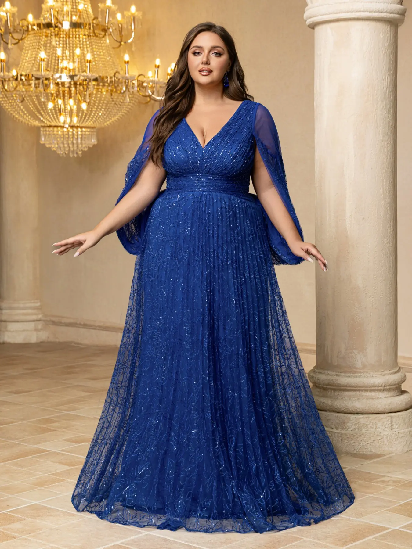 Plus Size Women's V Neck Pleated Mesh Embroidered Waist Cinched Maxi Ball Gown Elegant Glamorous Formal Wear Evening Party Dress, Perfect for Weddings & Events
