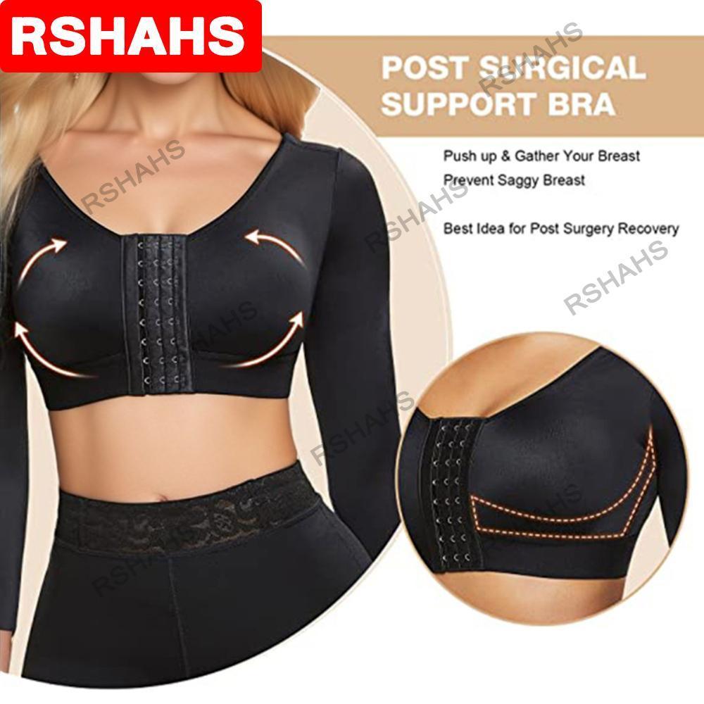 Women Arm Shaper Post Surgery Push Up Bra Compression Long Sleeves Corset Front Seamless Black Shapewear Womenswear Nylon Basic Crewneck Minimalist