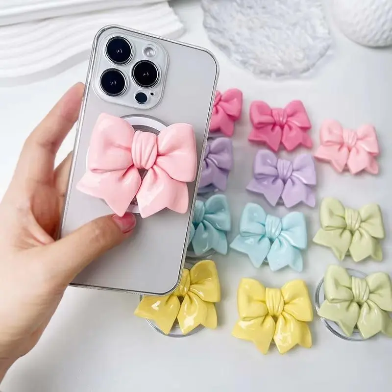 Cute Colorful Bowknot Phone Holder Griptok Finger Ring Support Magnetic and Sticker Two Types Grip Tok Socket Bracket Girl Gift