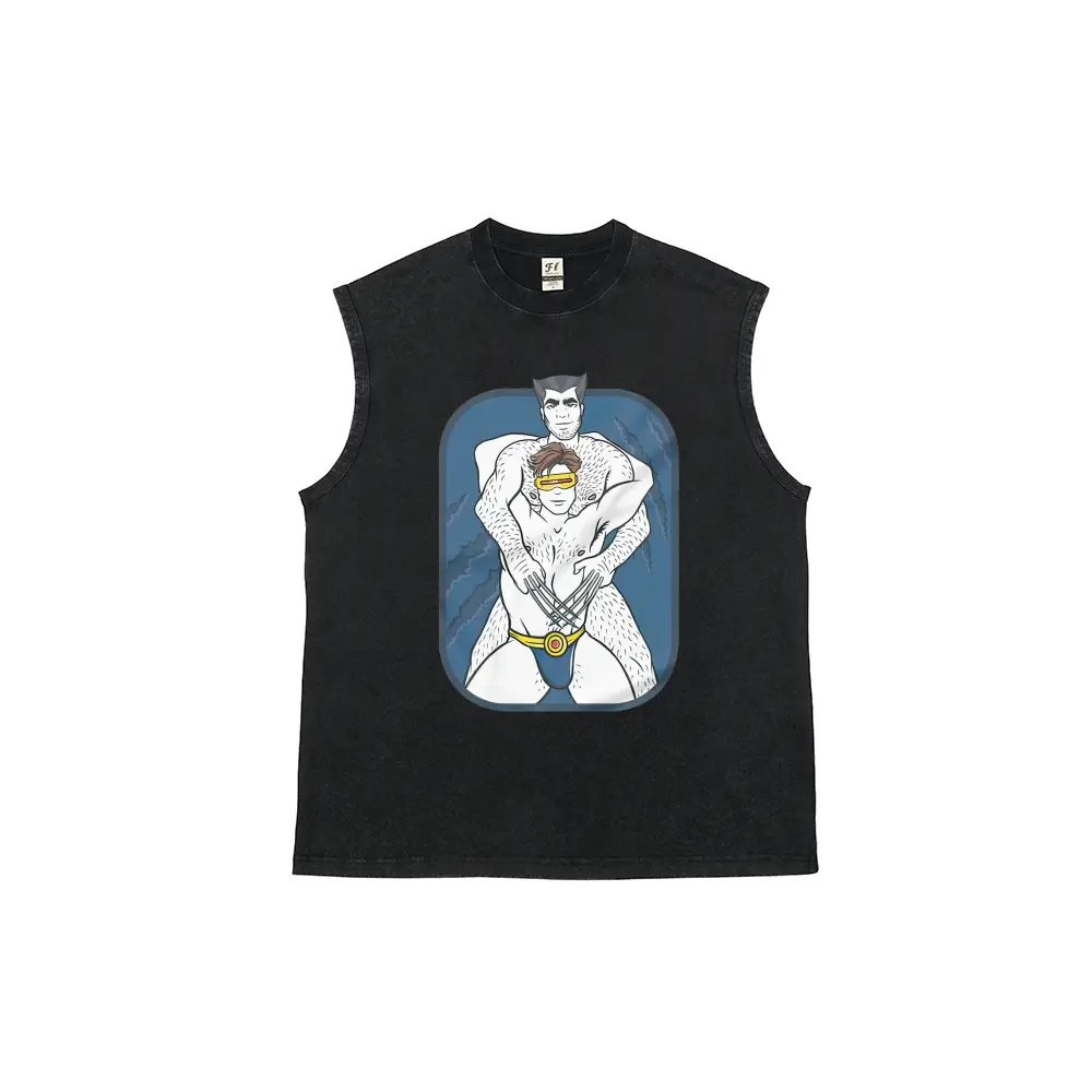 Vintage Acid Wash Sleeveless Muscle Tank Top, Unisex Cartoon Character Graphic Cut Off Tank Shirt, Retro Loose Fit Casual Streetwear Sleeveless Tee, Multiple Colors Available