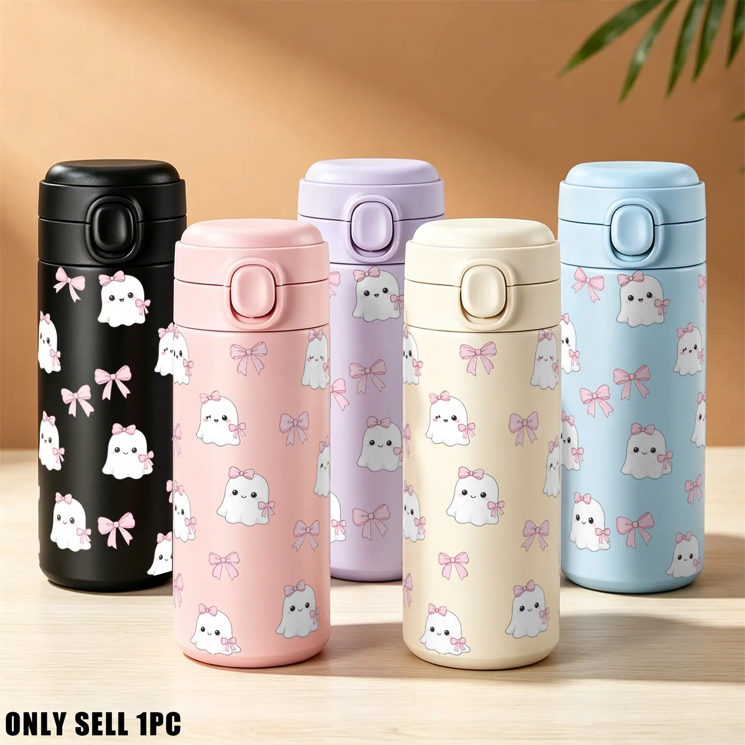 1pc 14oz Cute Halloween Cup With Straw, Adorable Pink Bow & Ghost Print Reusable Cup, Portable Travel Hydration Cup with Straw, Spooky Season Gift for Teen Girls, Women, Halloween Gym Hiking School Cup Women's clothing