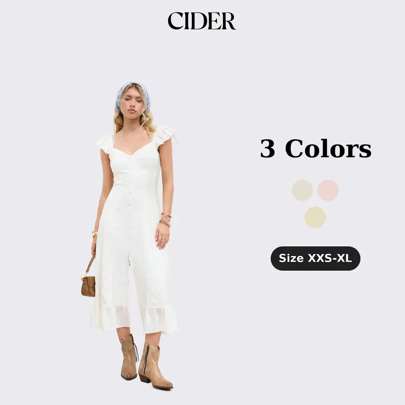Cider Sweetheart Neckline Applique Split Ruffle Hem Midi Dress