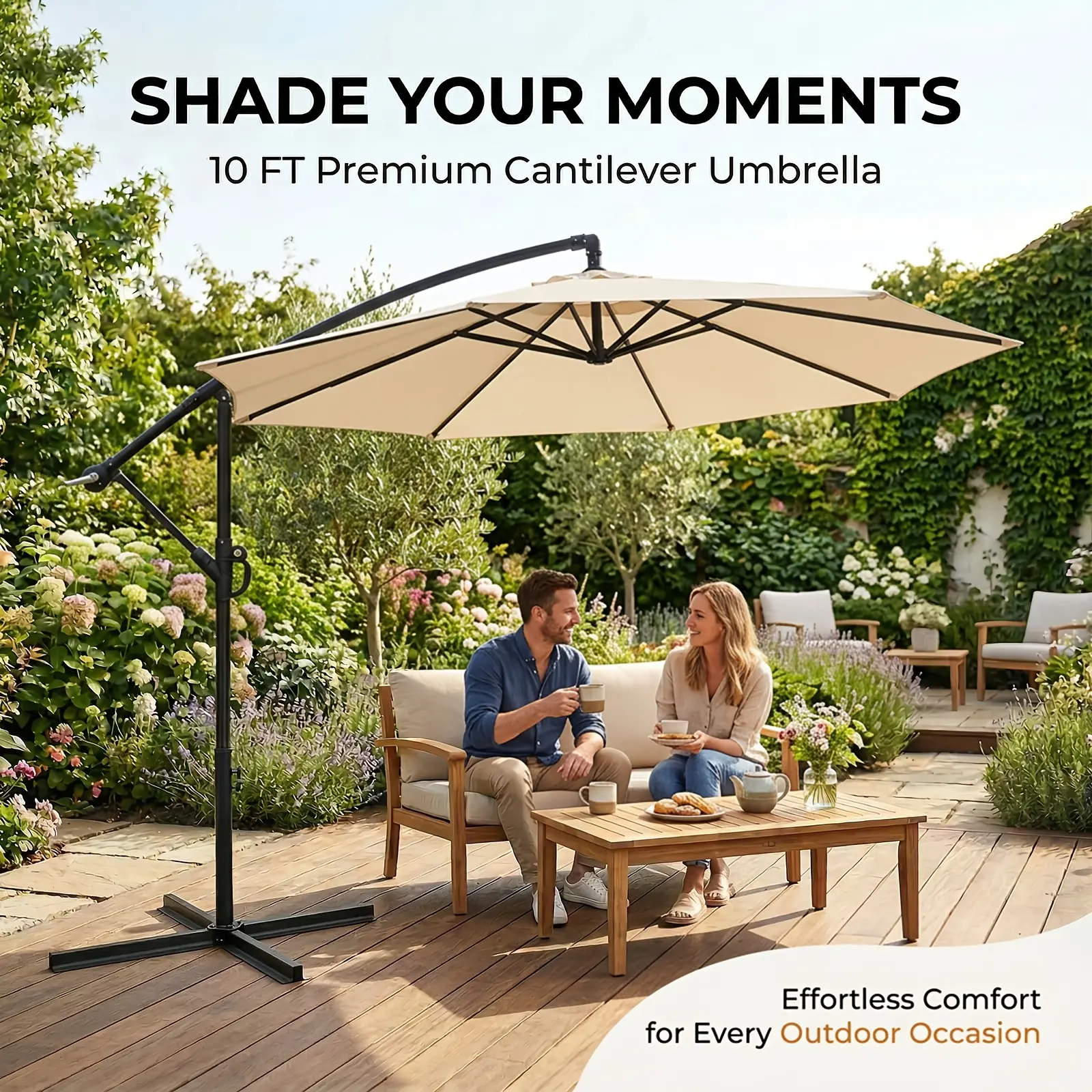10ft Cantilever Patio Umbrella, Outdoor Garden Furniture with Easy Tilt Adjustment & Hand Crank Lift, UPF50+ UV Protection, Sturdy & Durable, Ideal for Backyard, Poolside, Beach & Patio