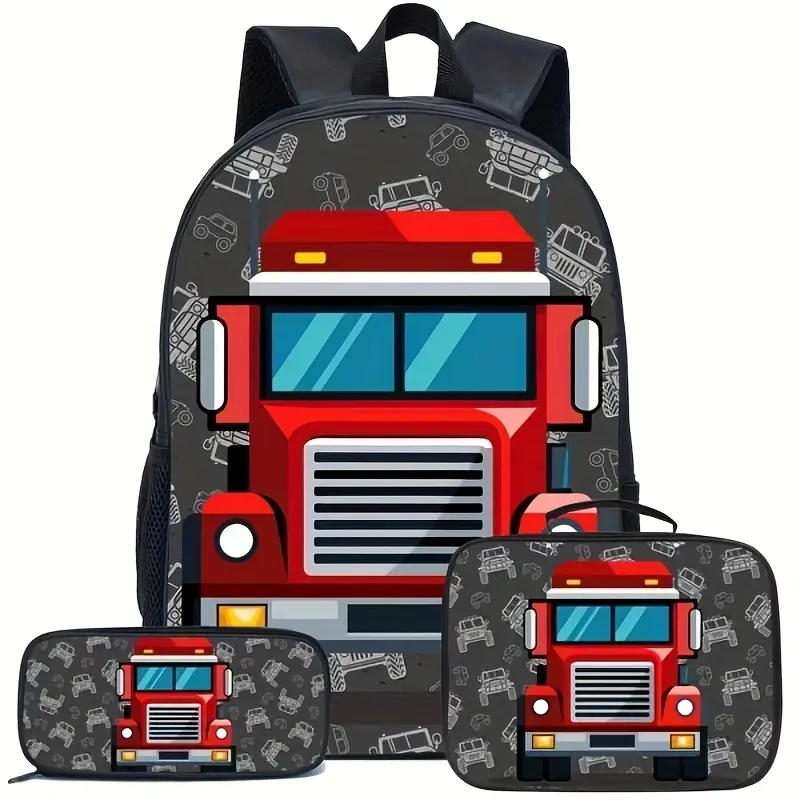 Fire Truck 3 Piece Backpack Set for Kids, Red Rescue Vehicle School Bookbag with Matching Lunch Bag and Pencil Case, Cartoon First Responder Travel Daypack, Back to School Gift for Boys and Girls