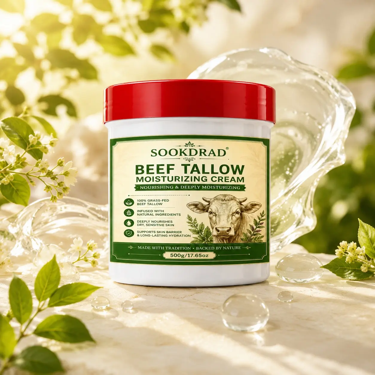 Beef Tallow Moisturizing Cream, 100% Grass-fed Beef Tallow, Natural Ingredients, Deep Nourishment, Long Lasting Hydration, Skin Barrier Support, Suitable For Dry Sensitive Skin, 500g