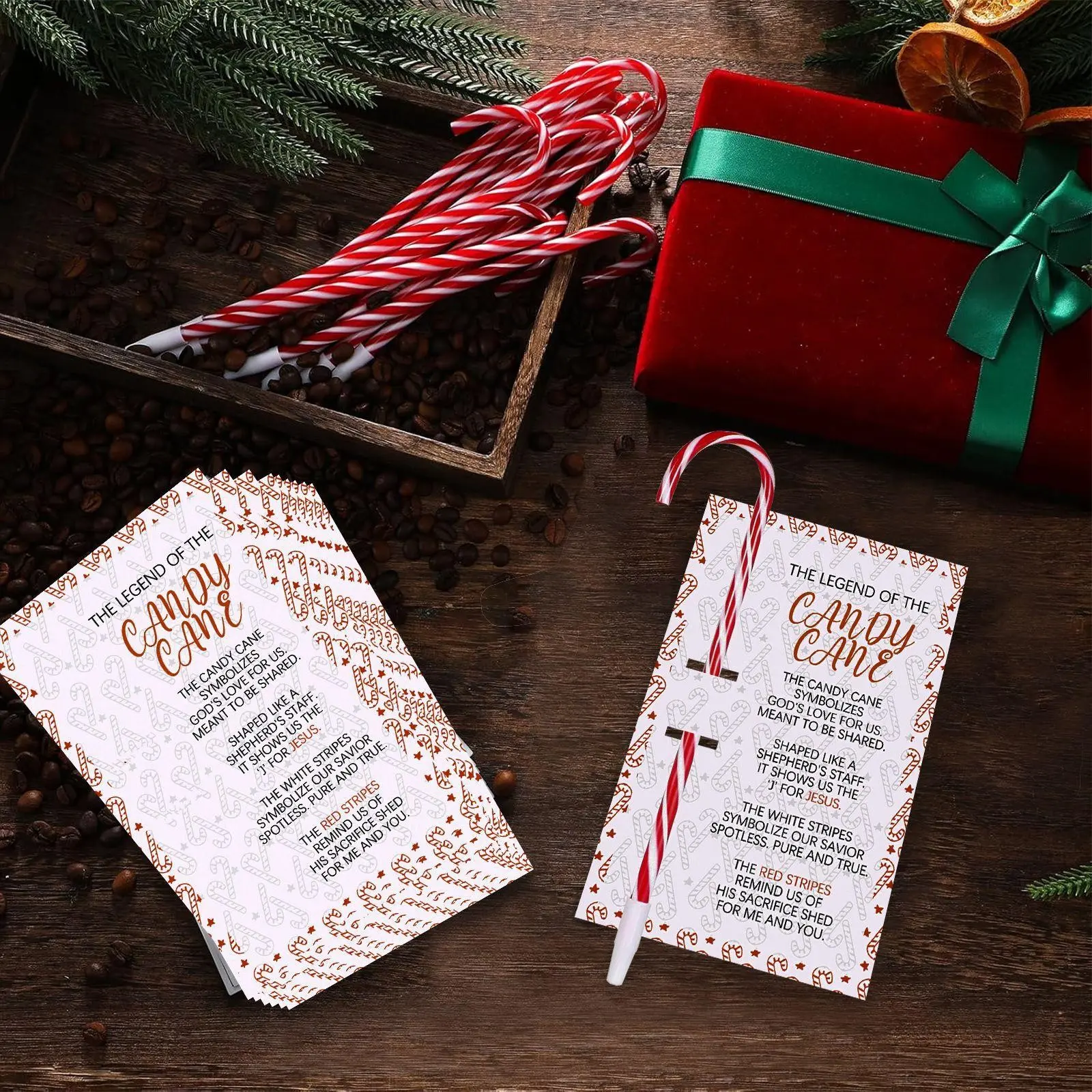 Christmas Candy Cane Gift Set, 10 Holiday Greeting Cards with 10 Candy Cane Pens, Christian Stocking Stuffers & Christmas Party Favors