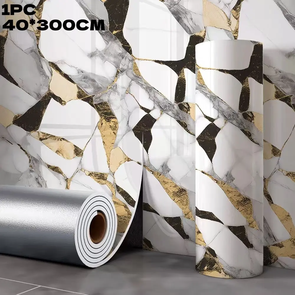 A roll of thick marble-patterned floor tile stickers, made of vinyl wallpaper. These peel-and-stick panels are easy to carry and remove, and are convenient for cleaning and maintenance. They are perfect for decorating bedrooms and living rooms.