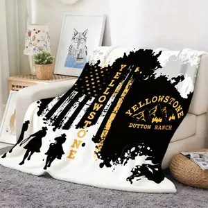 [Yellowstone Blanket] One Yellowstone Dutton Ranch Flag Silhouette Blanket Featuring Mountains, Made of Soft And Warm Flannel, Ideal for All Seasons. Perfect for Use on a Sofa, Bed, at The Office, As a Shawl, During Camping