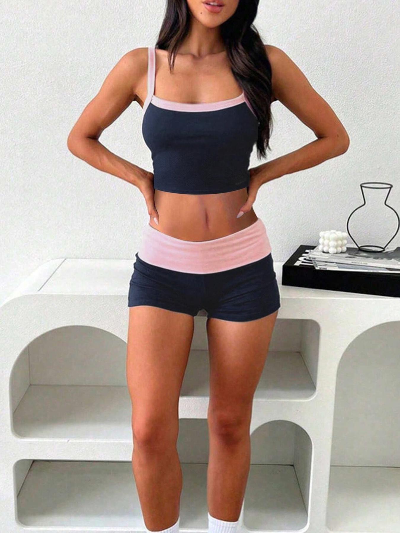 Women's Colorblock Crop Tank Top & Shorts Set, Sporty Casual Two-piece Outfits for Summer, Women's Clothing for Indoor Outdoor Wear, Sporty Style Clothes