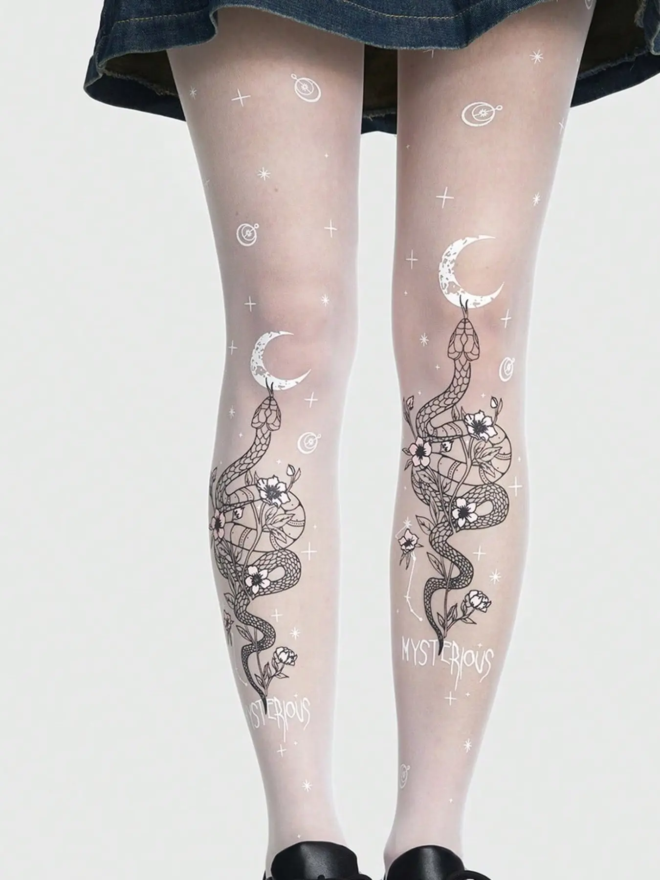 Silk Star Moon Floral Snake Print Pantyhose, Mystical Gothic Style Ultra-Thin Transparent Subculture Girl Stocking