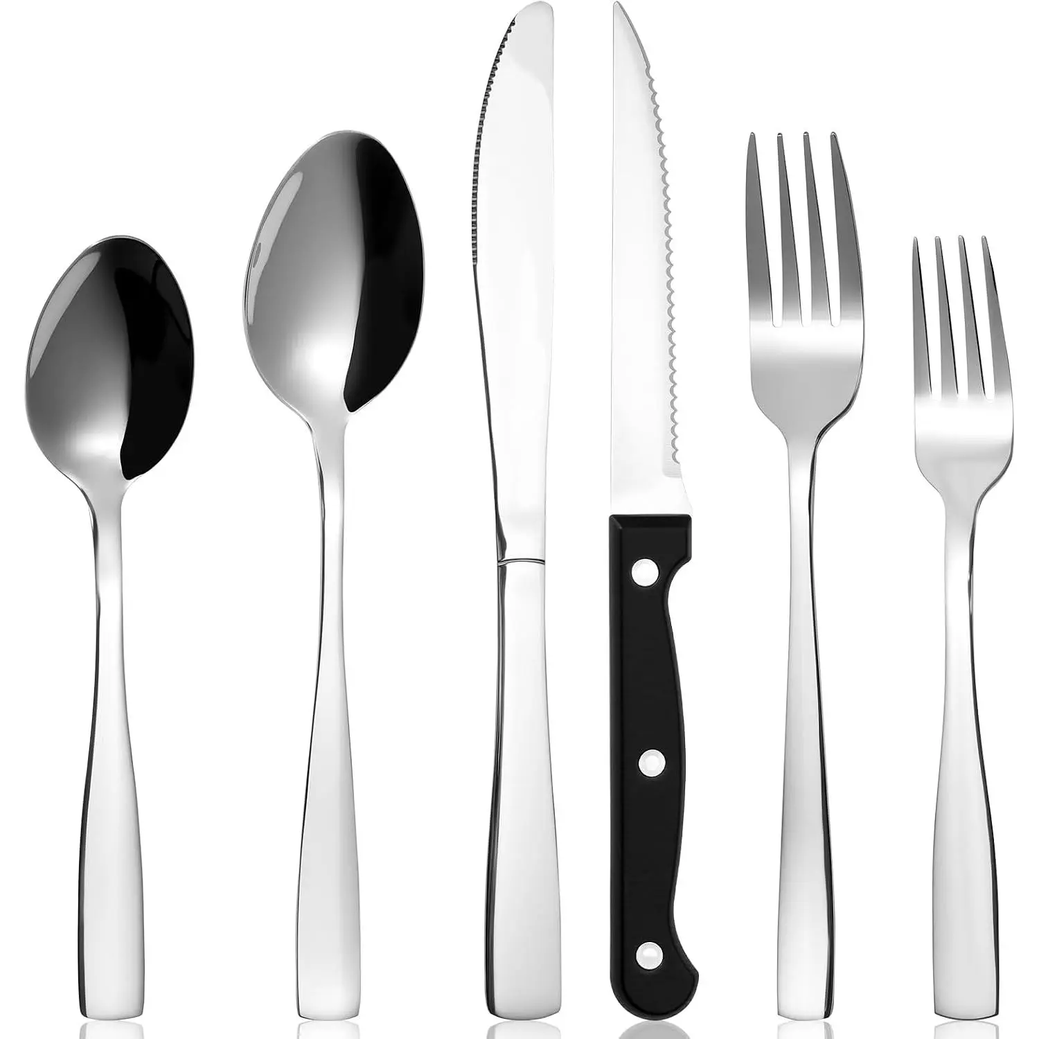 Silverware Set with Steak , 6 count  Grade Stainless Steel Flatware Flatware, Mirror Polished Cutlery Utensil Set with  Fork Spoon for  Kitchen Eating Tableware, Dishwasher Safe
