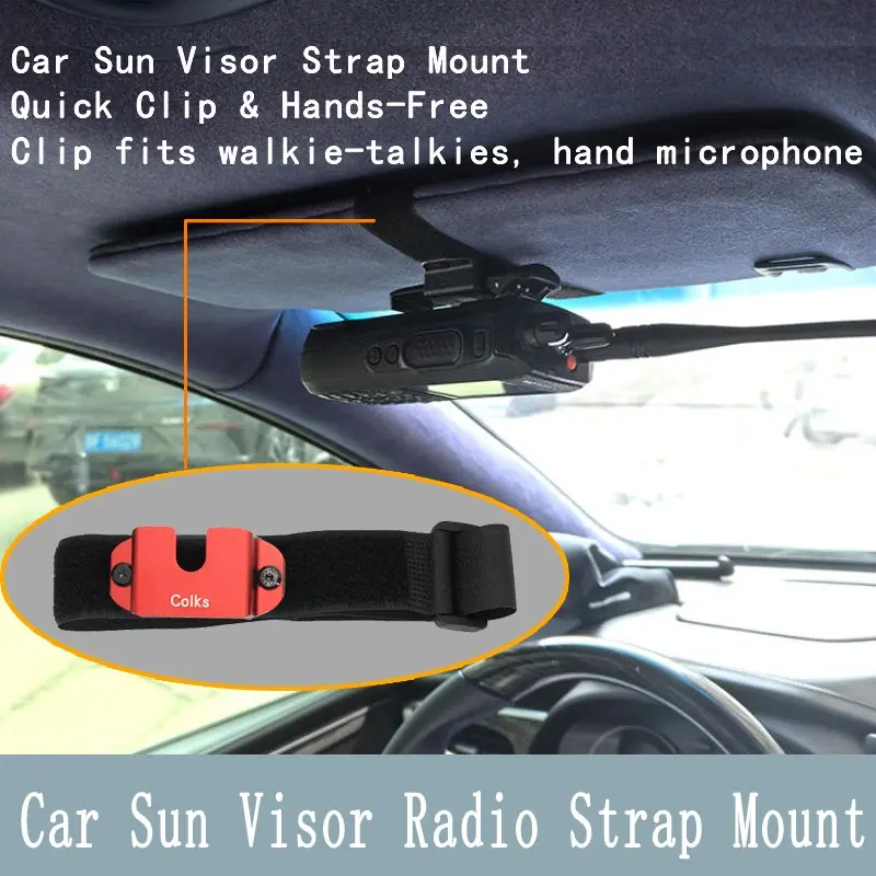 Car Sun visor Radio Strap Mount, Walkie Talkie Bracket, Quick Release Mic Bracket with Adjustable Strap Mount, Two-Way Radio & Handheld Microphone Holder, Universal Outdoor Vehicle Mount Accessory, Quick Clip