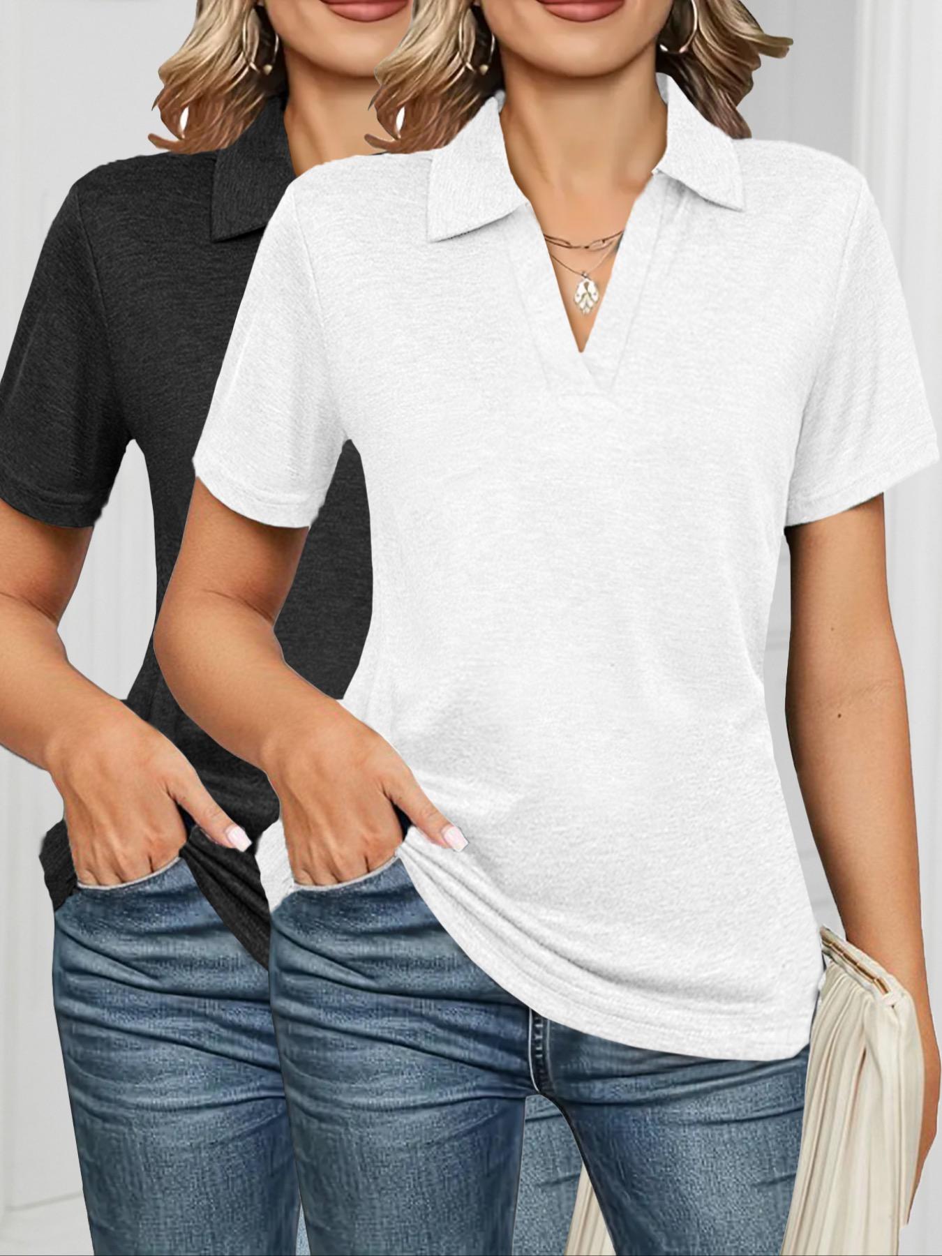 Women's Solid Color Polo Shirt, Casual Short Sleeve Collared Top for Daily Wear, Ladies Clothes for All Seasons, Cute Tops