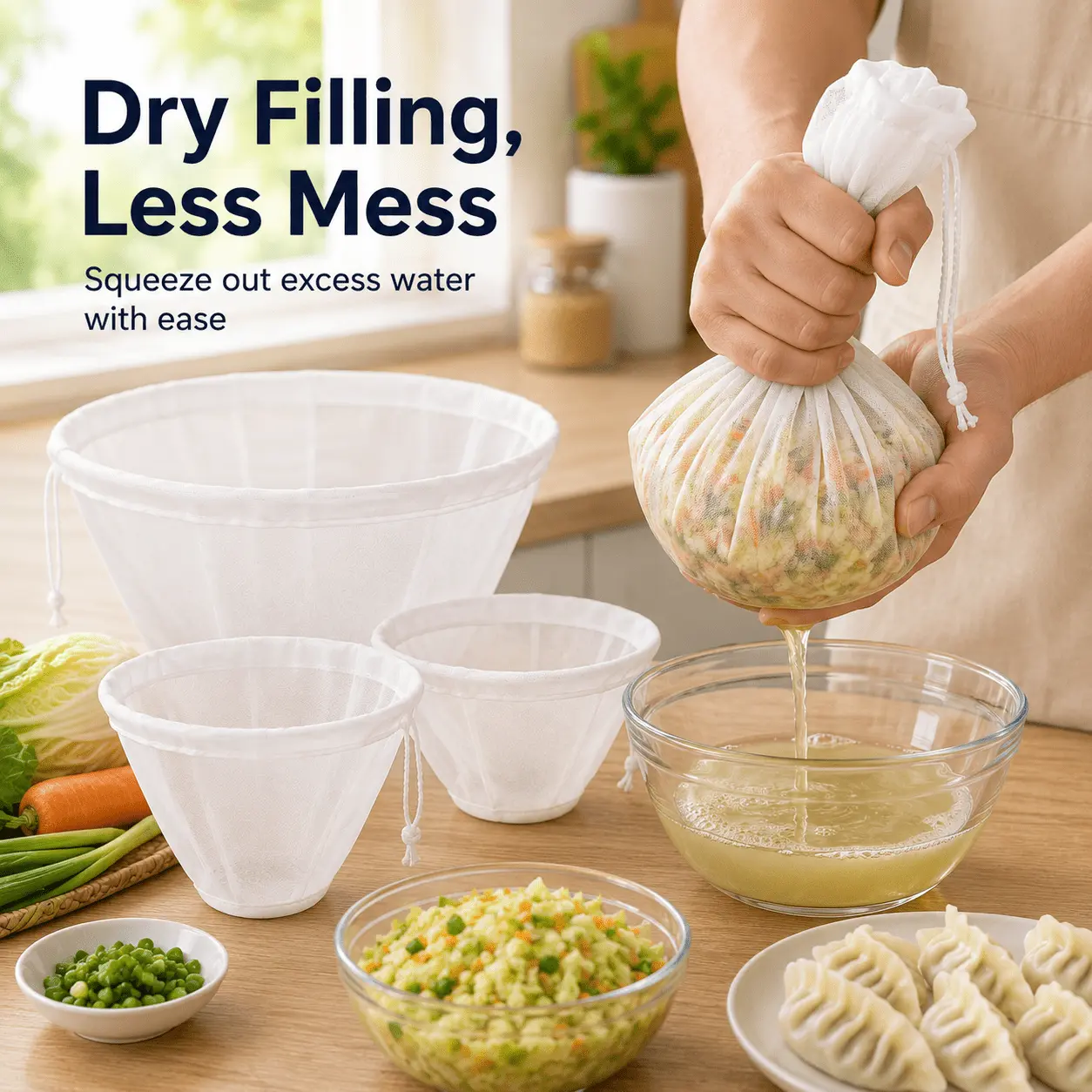 3Pcs Reusable Wide-mouth Fine Mesh Strainer Bags, for  Cheese, Soy Milk, Almond Milk, Oat Milk, Greek Yogurt, Whey, Tofu, Dumpling Vegetable Filling, Large Medium Small Sizes for Various Food Portions