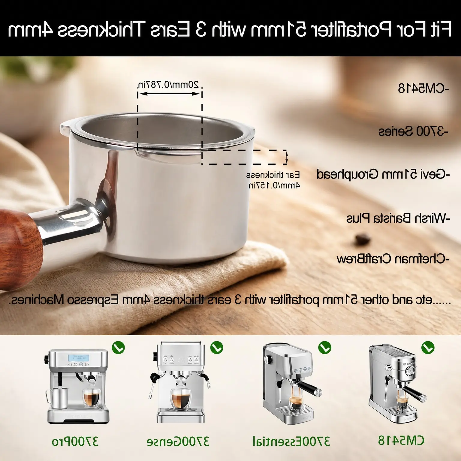 51mm Bottomless Portafilter with 3 Ears, Compatible with CM5418 and 3700 Series, Includes Stainless Steel Double Shot Capacity Filter Basket
