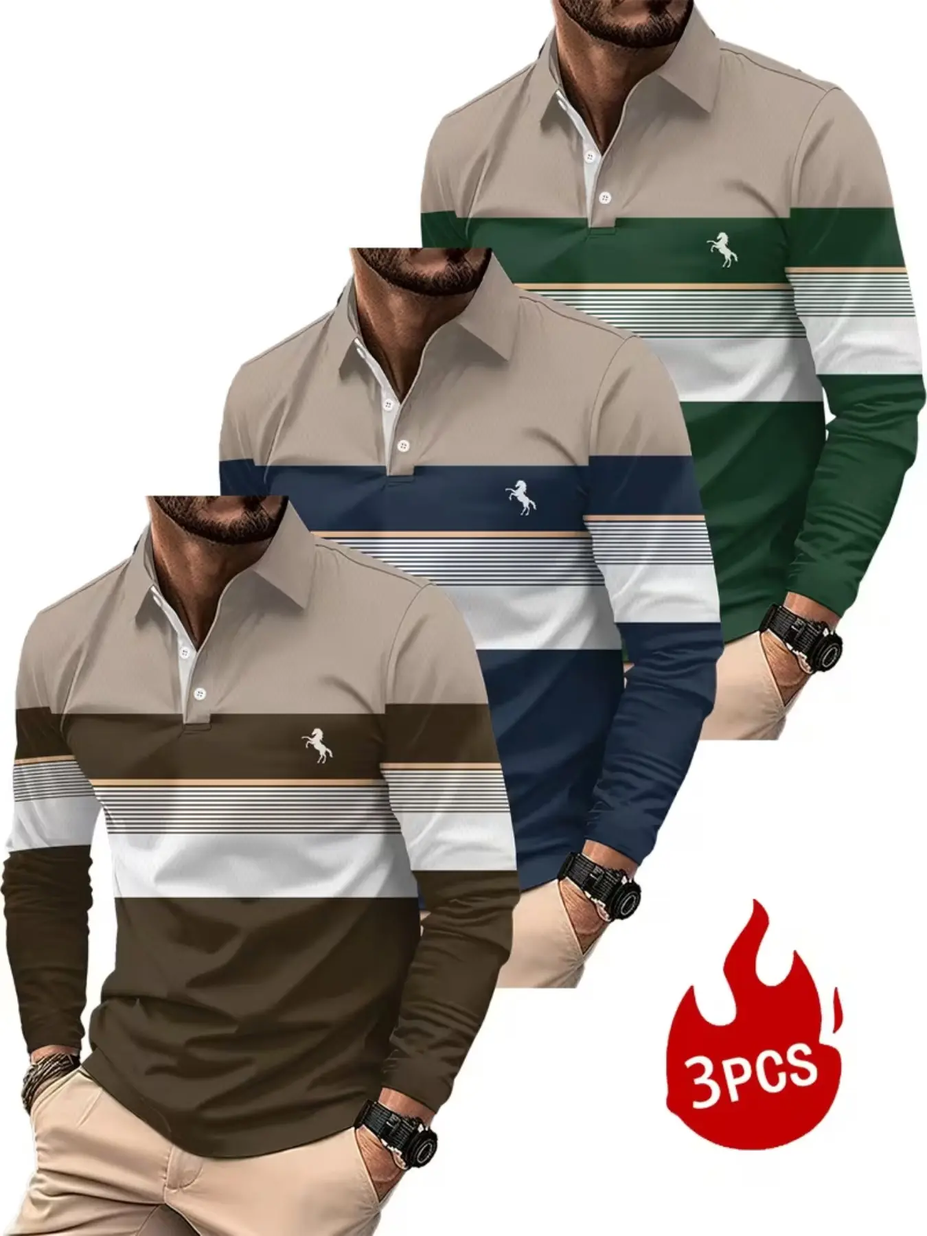 3 Piece Set Polo Shirts, Long Sleeve Collared, Casual Slim Fit, Spring & Fall Wear, Random Print, Ideal for Commute & Outdoor Activities