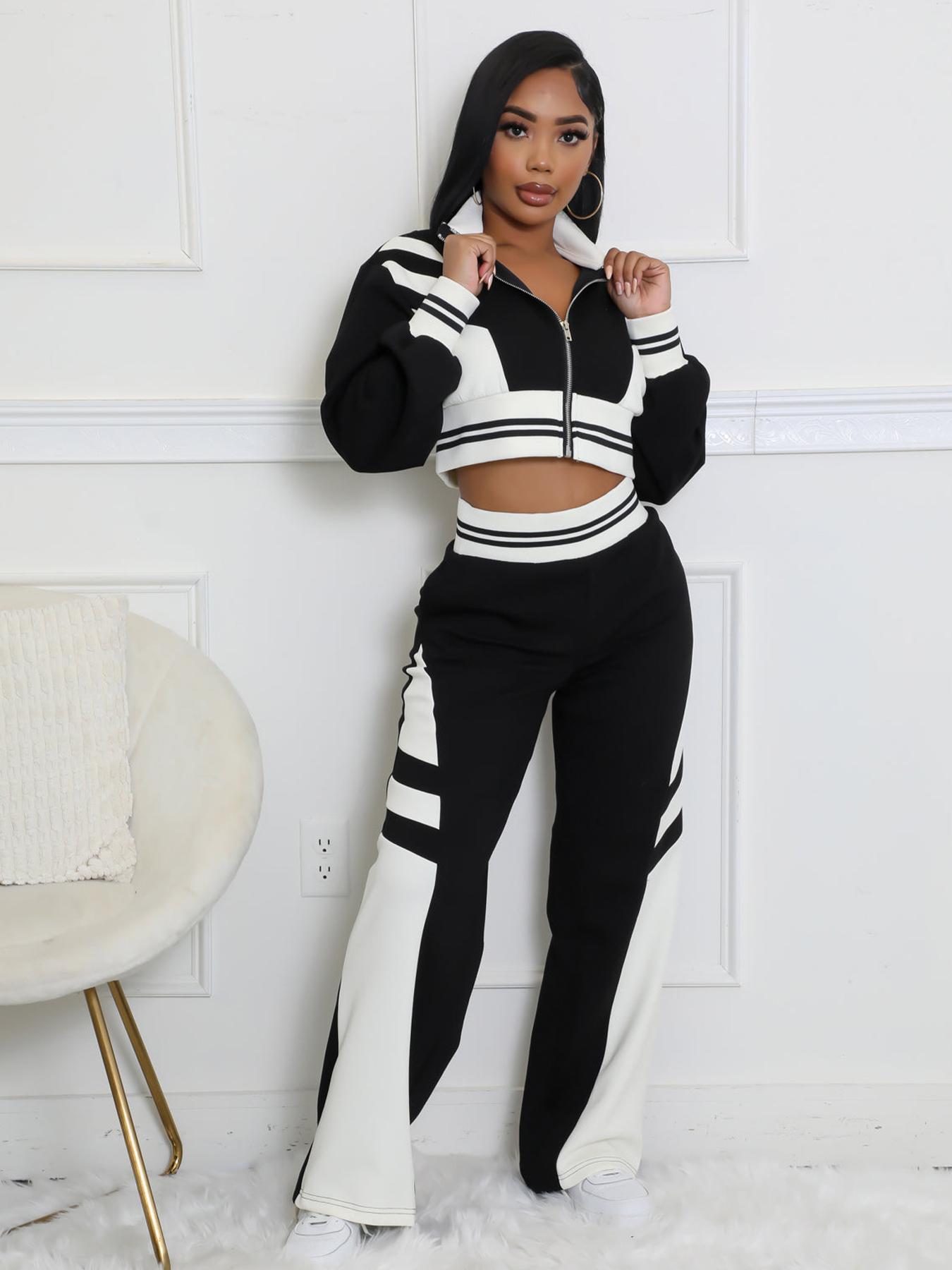 Women's Colorblock Print Zip Up Crop Jacket & Pants Two-piece Set, Casual Matching Set, Casual Fashion Cozy Breathable Two Piece Outfits for Daily Outdoor Wear, Women Clothes for Fall & Winter