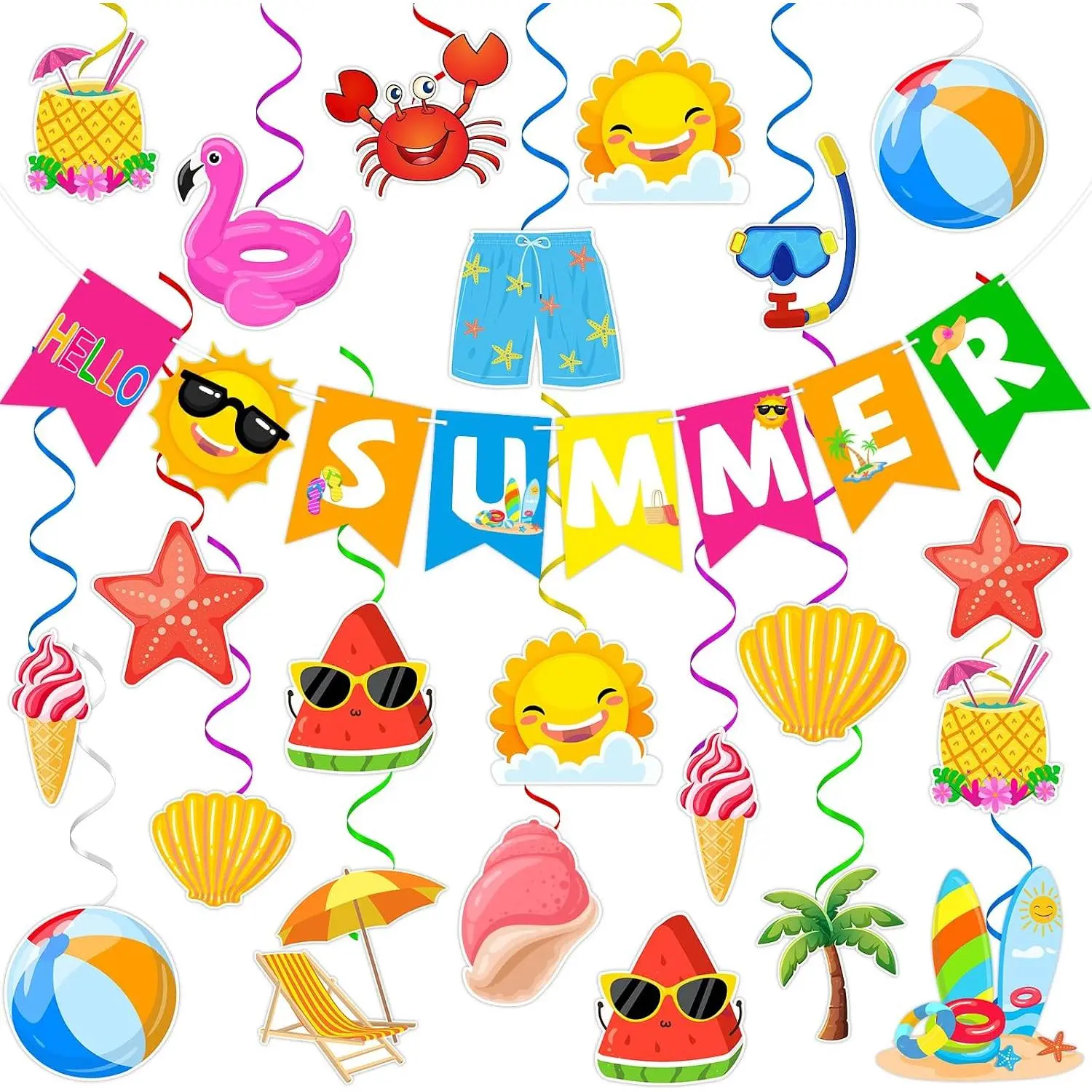 Summer Party Decorations 71 count - Beach Pool Party Decorations with  Summer Banner,  Swirls Streamers for  Office School Classroom