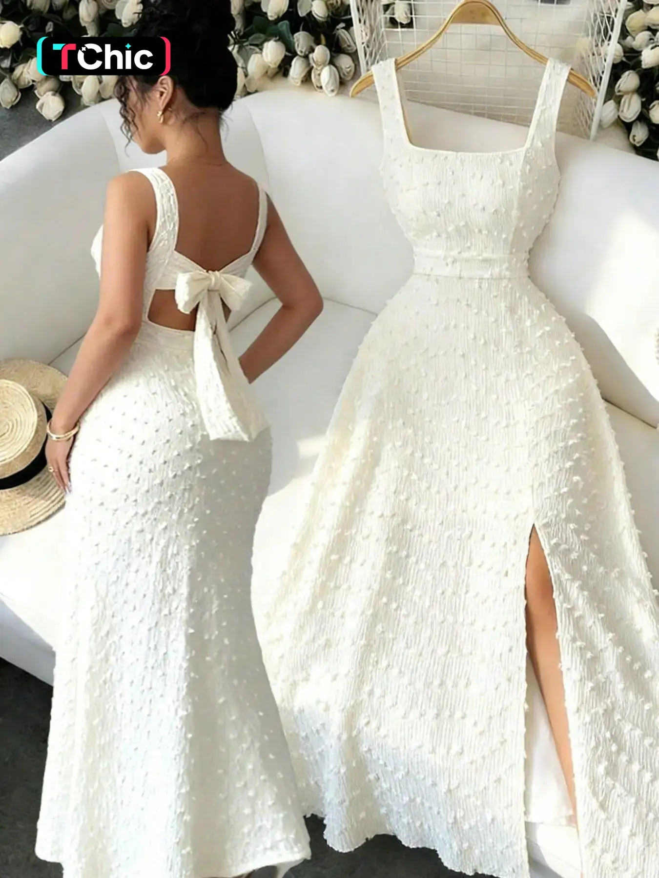 New Women's Square Neck Split Hem Sleeveless Dress, Textured Knit Fabric, Chic Elegant Formal Slim-Fit Long Dress for Party