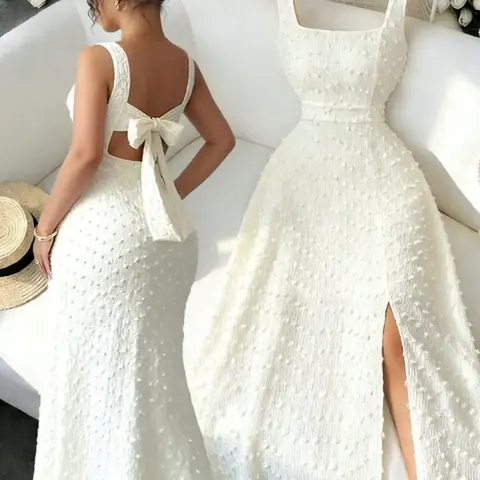 New Women's Square Neck Split Hem Sleeveless Dress, Textured Knit Fabric, Chic Elegant Formal Slim-Fit Long Dress for Party, Wedding Guest Wear, Womenswear
