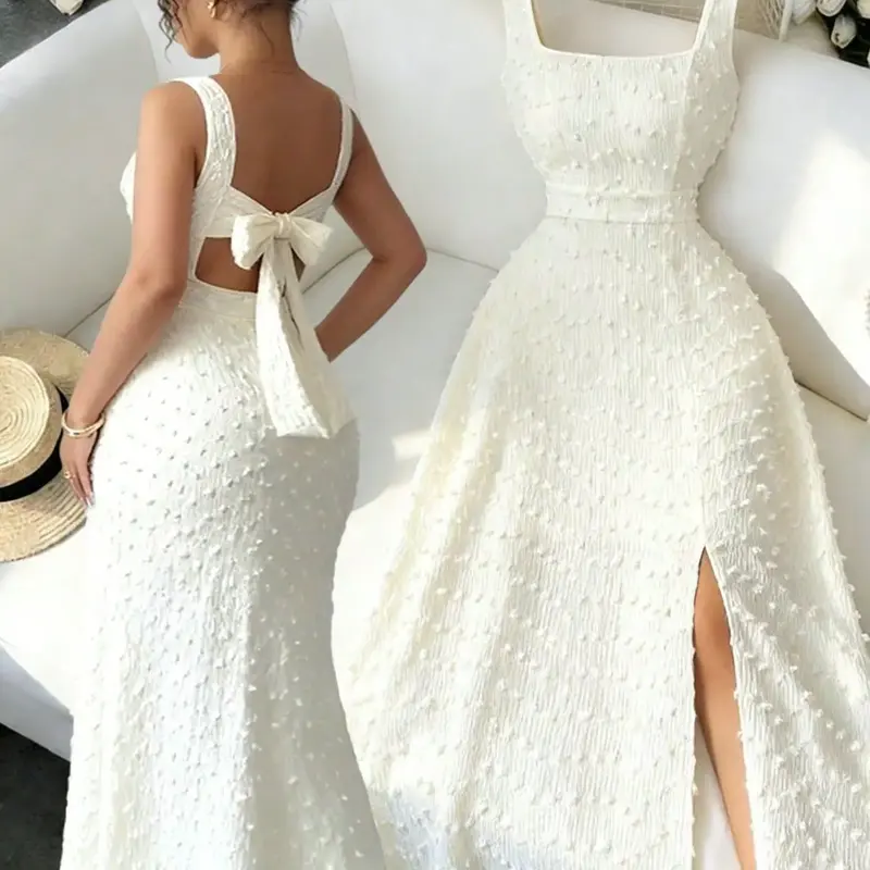 New Women's Square Neck Split Hem Sleeveless Dress, Textured Knit Fabric, Chic Elegant Formal Slim-Fit Long Dress for Party, Wedding Guest Wear, Womenswear