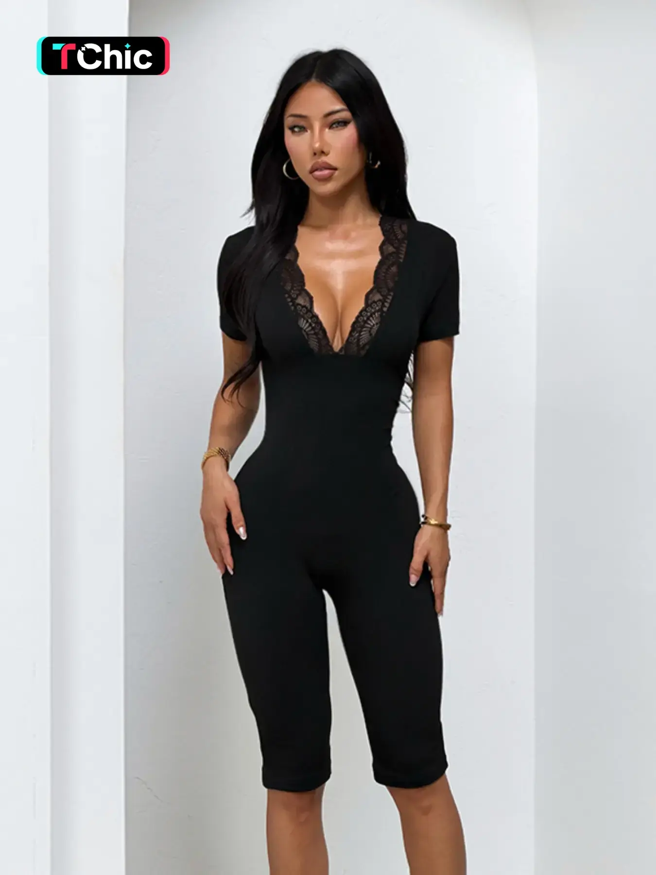 Lace V-Neck Romper, Elegant Lace Design, Comfortable Fit, Perfect for Casual Wear, Stylish and Chic Choice