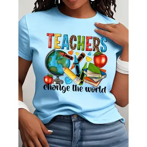 Women's Casual Round Neck Short-Sleeve T-Shirt - Teacher Pattern Print Top with Comfortable Fabric, Breathable Women's Tshirt for Daily Wear, Shortsleeve