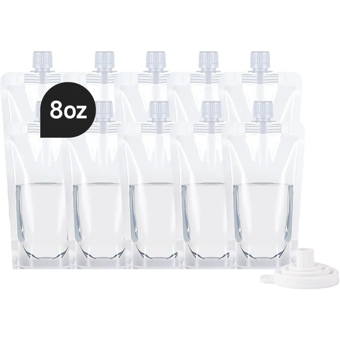 Plastic Flasks,  Drink Pouches, Leak-Proof  Grade Plastic  for Travel (8OZ - 10 count + Funnel)