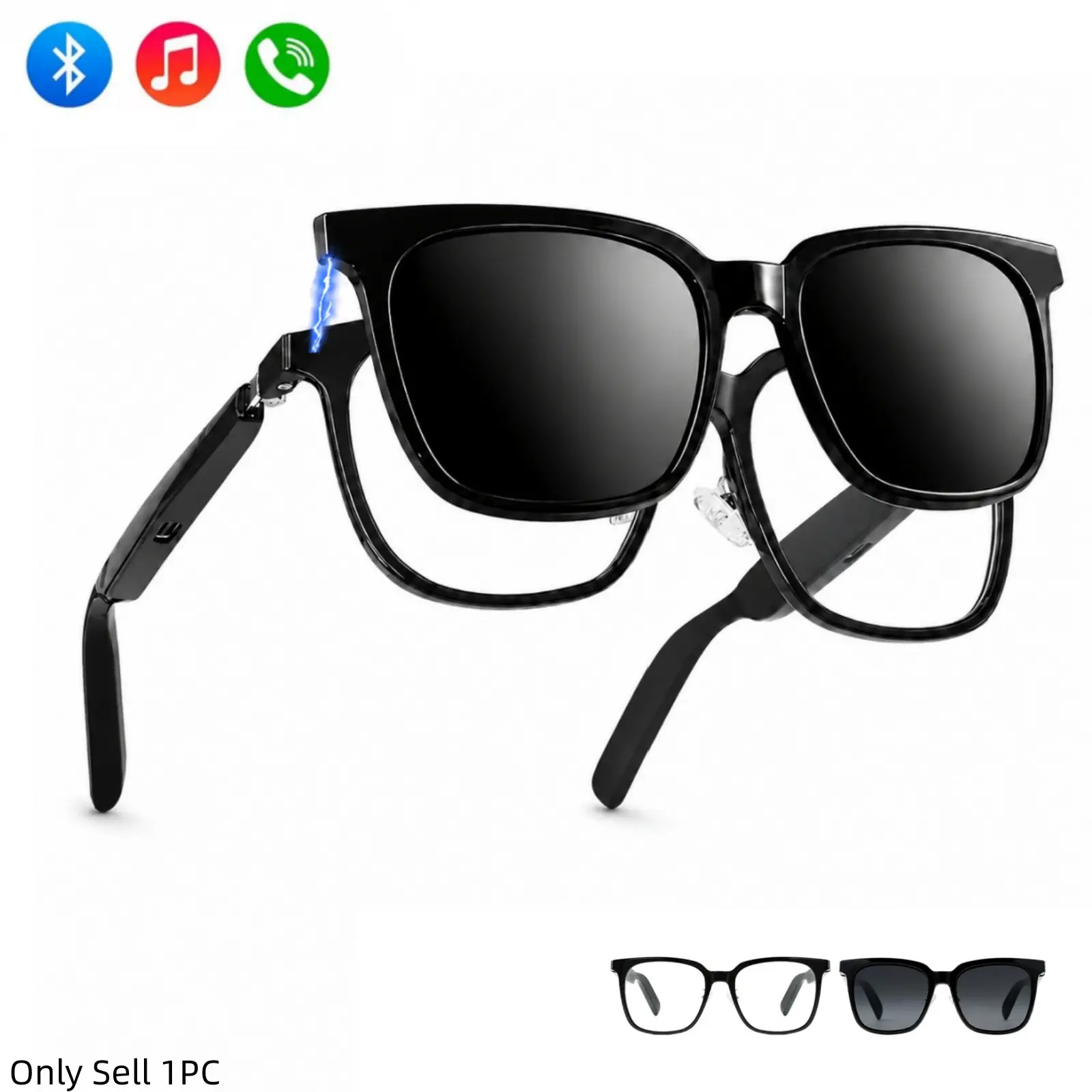 2-in-1 Magnetic Clip-On Smart Audio Glasses, Clear Lens Glasses with Detachable Sun Clip, Touch Control,Voice Assistant and Hands-Free Calling