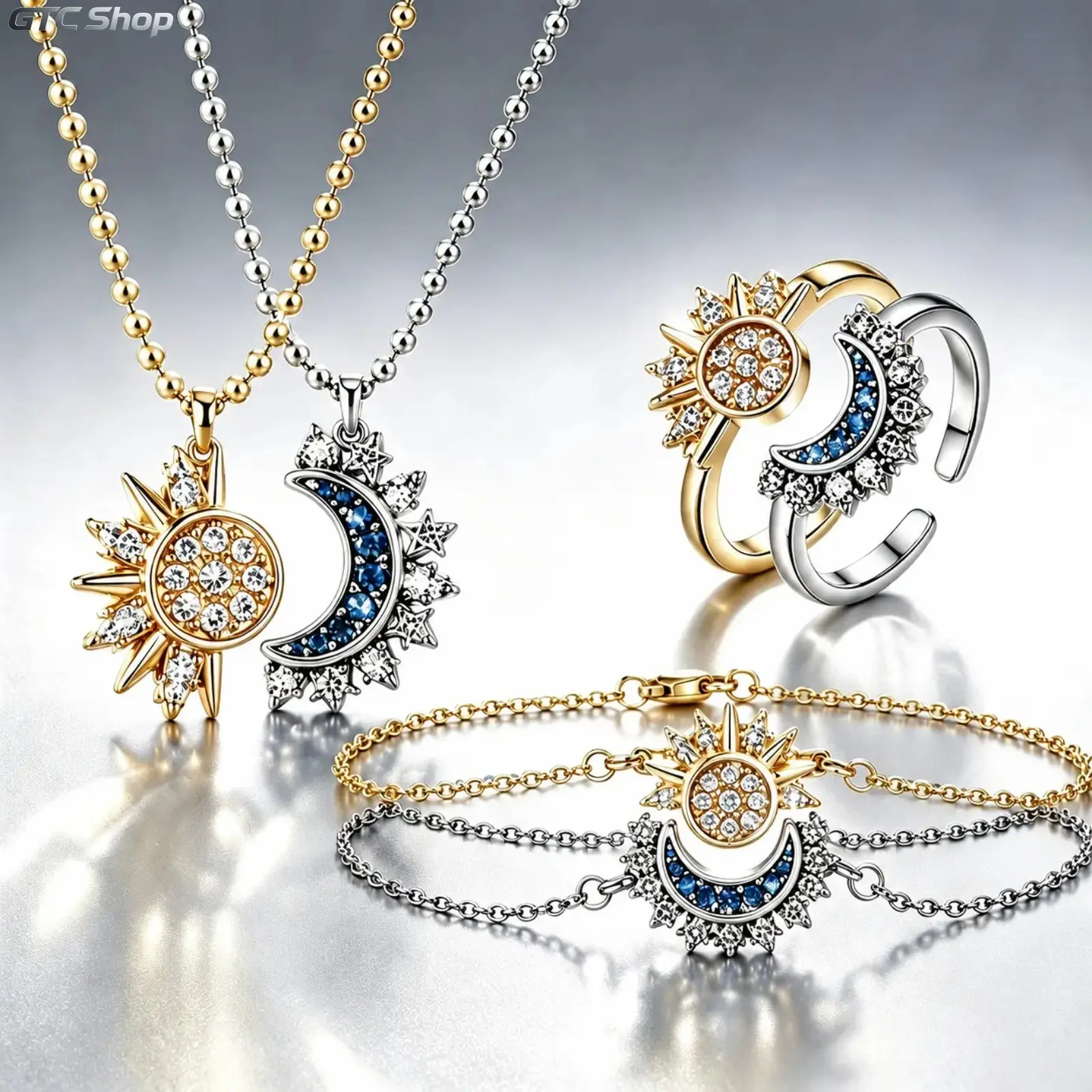 Sun and Moon Jewelry Set, Celestial Necklace Ring Bracelet Set, Gold and Silver Matching Jewelry, Y2K Aesthetic Accessories for Women,Thoughtful Gifts for Best Friends/Bestie/Couple,Freak Gifts for Her