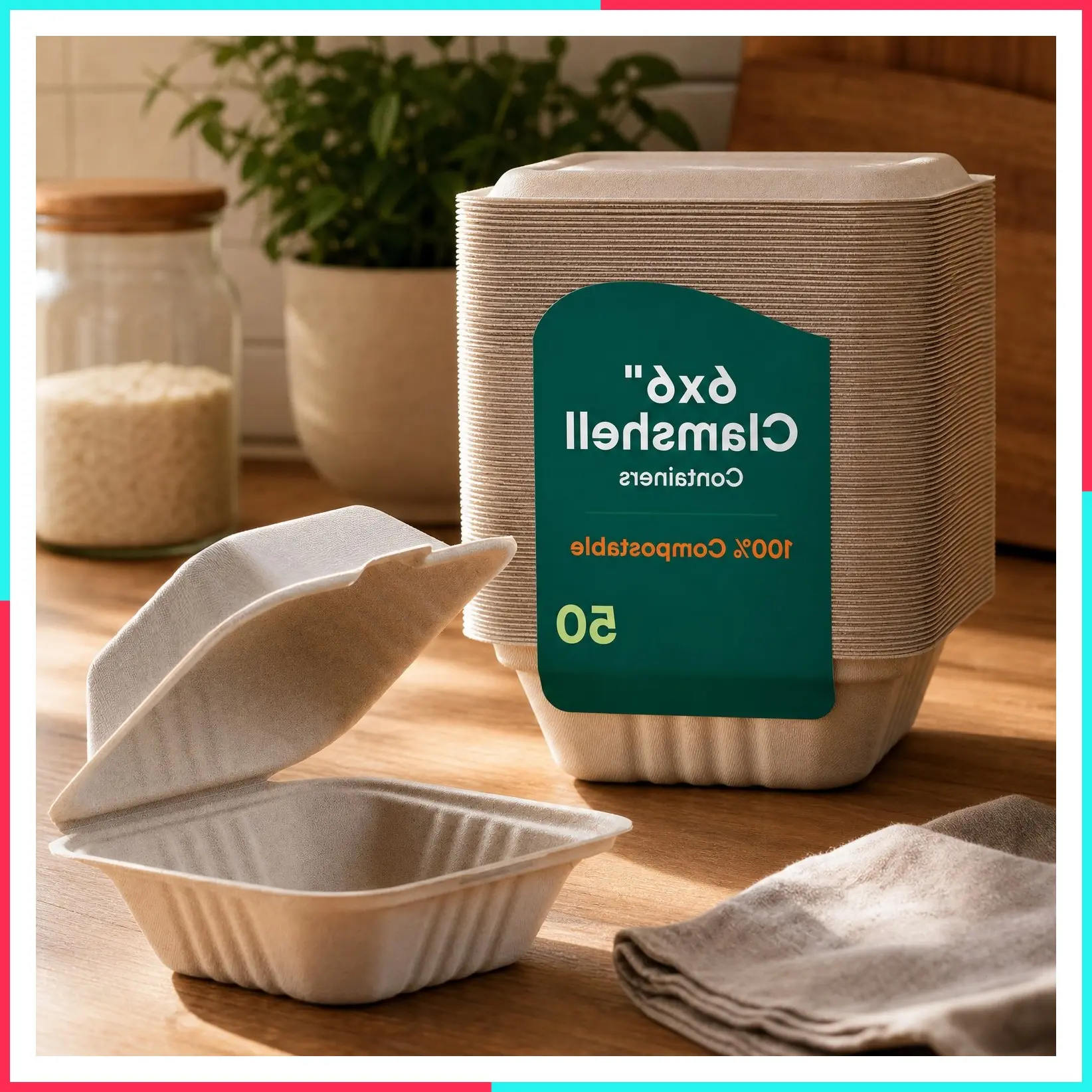 100% Compostable Clamshell Take Out Food Containers 6x6" 50-Pack Heavy-Duty Disposable Bagasse To Go Containers, Eco-Friendly Biodegradable Made from Sugar Cane Fibers