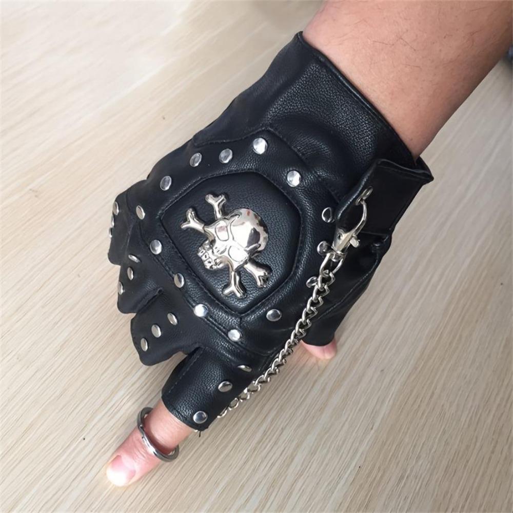Men's Skull Half Finger Leather Gloves, Punk Rivet Chain Design, Anti-Slip Outdoor Sports & Motorcycle Riding Gloves, Novelty Pirate Style Performance Gloves