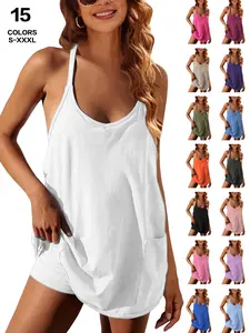 Effortless Chic Pocketed Spaghetti-Strap Romper, Loose-Fit U-Neckline, 15 Colors, Multiple Sizes, Perfect for Daily Lounging & Beach Outings